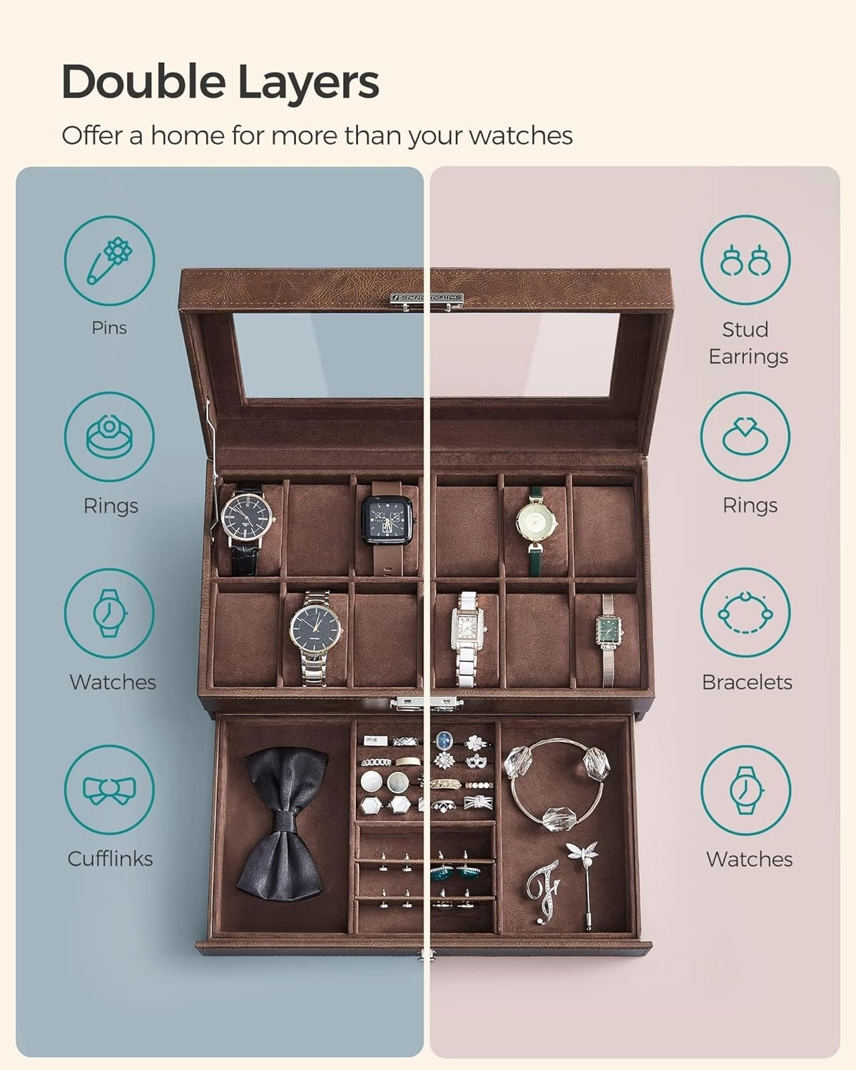SONGMICS 12-Slot Watch Box, Lockable Watch Case with Glass Lid, 2 Layers, with 1 Drawer for Rings, Bracelets, Gift Idea, Brown Synthetic Leather, Brown Lining UJWB012K01