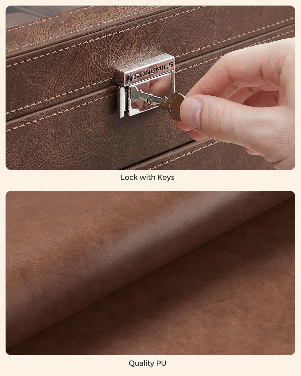 SONGMICS 12-Slot Watch Box, Lockable Watch Case with Glass Lid, 2 Layers, with 1 Drawer for Rings, Bracelets, Gift Idea, Brown Synthetic Leather, Brown Lining UJWB012K01