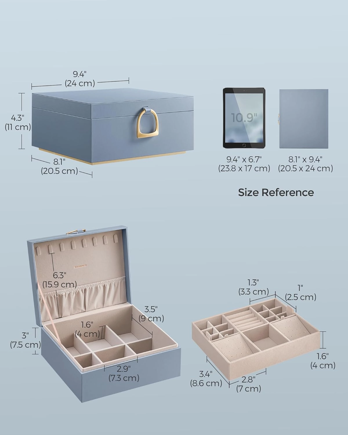 SONGMICS 2-Layer Jewelry Box, Jewelry Organizer with Handle, Removable Jewelry Tray, Jewelry Storage, Floating Effect, 8.1 x 9.4 x 4.3 Inches, Gift Idea, Misty Blue UJBC165Q01