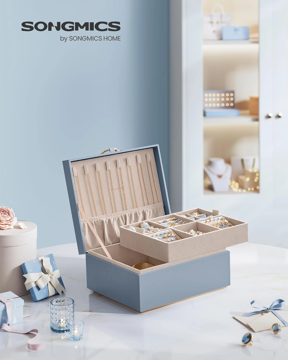 SONGMICS 2-Layer Jewelry Box, Jewelry Organizer with Handle, Removable Jewelry Tray, Jewelry Storage, Floating Effect, 8.1 x 9.4 x 4.3 Inches, Gift Idea, Misty Blue UJBC165Q01