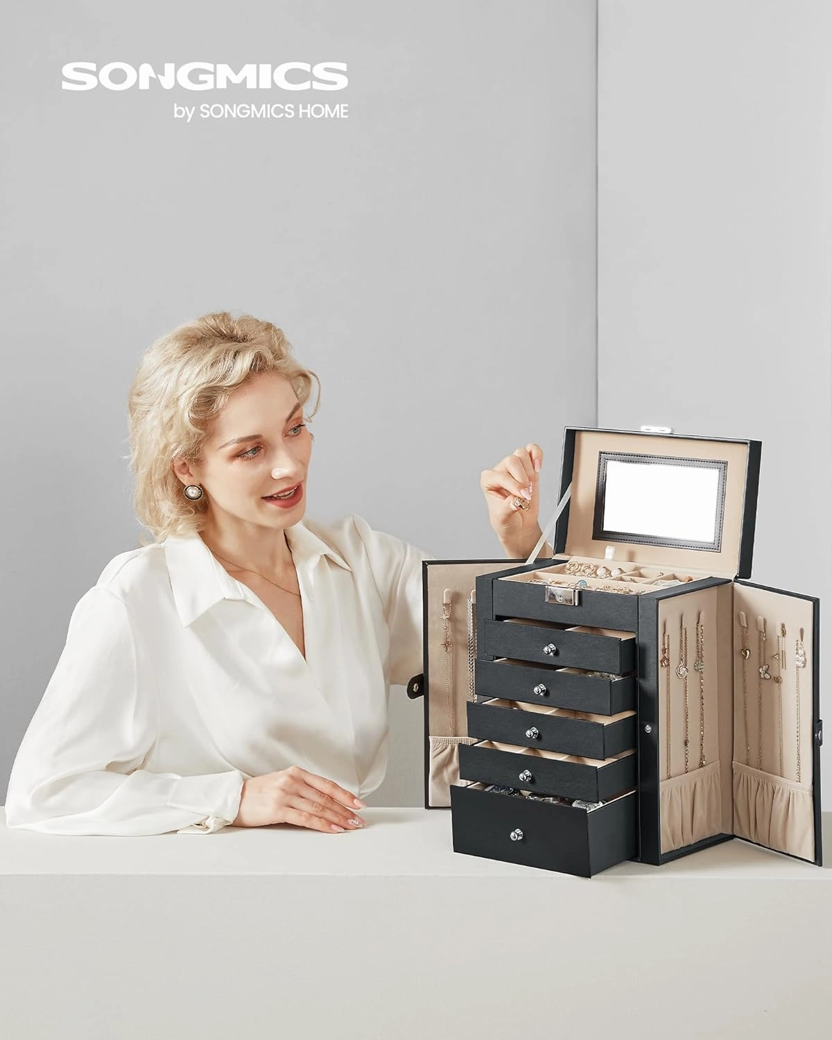 SONGMICS 6 Tier Jewelry Box, Jewelry Storage Organizer with 5 Drawers, Large Storage Capacity, with Mirror, Lockable, Jewelry Case, Gift for Loved Ones, For Watches, Black UJBC152B01