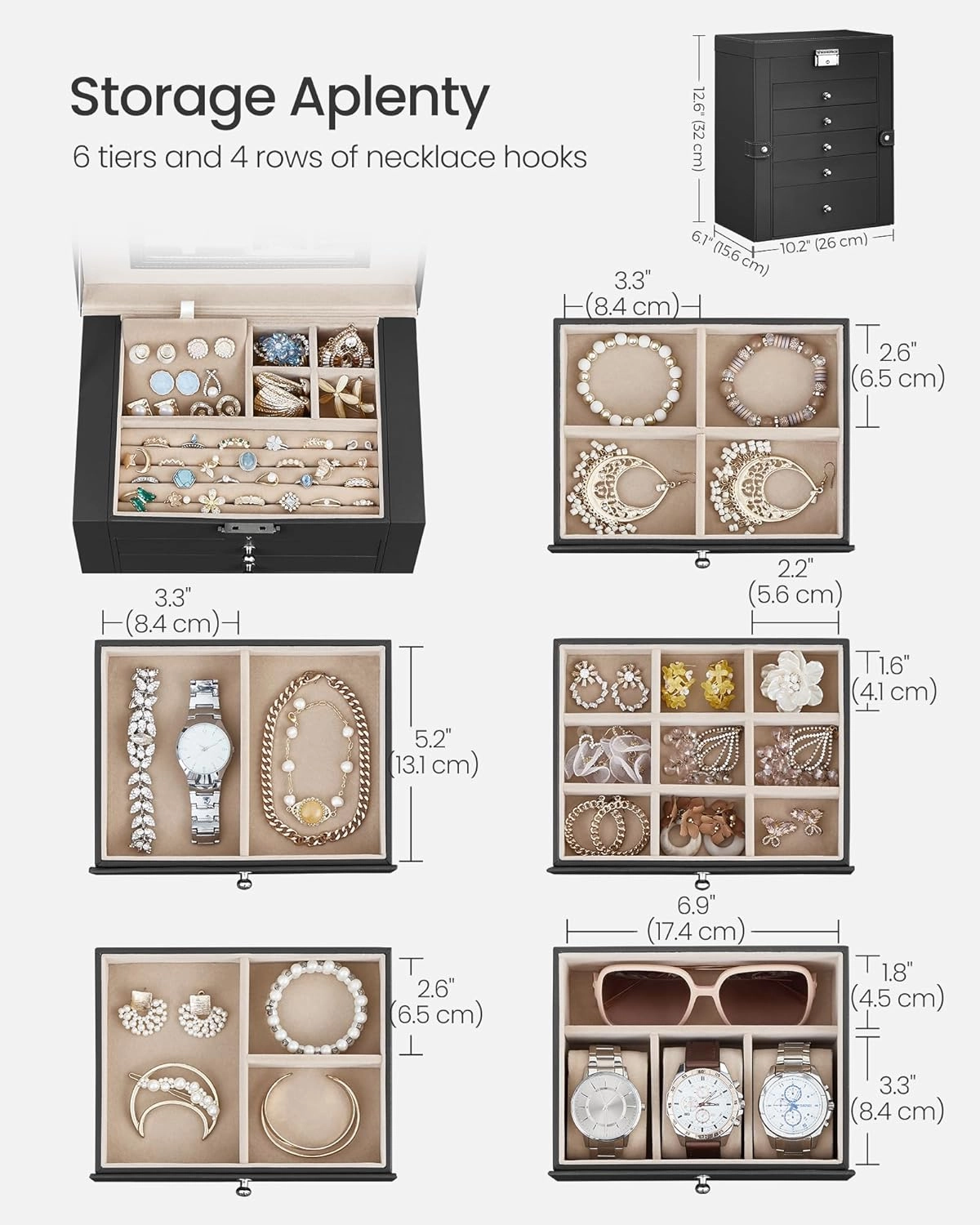 SONGMICS 6 Tier Jewelry Box, Jewelry Storage Organizer with 5 Drawers, Large Storage Capacity, with Mirror, Lockable, Jewelry Case, Gift for Loved Ones, For Watches, Black UJBC152B01