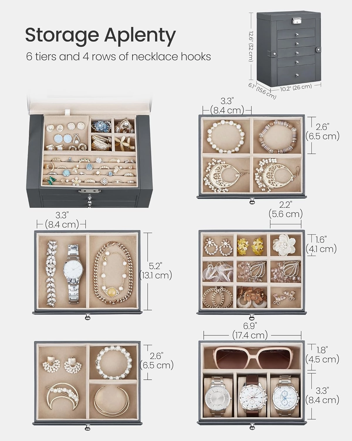 SONGMICS 6 Tier Jewelry Box, Jewelry Storage Organizer with 5 Drawers, Large Storage Capacity, with Mirror, Lockable, Jewelry Case, Gift for Loved Ones, For Watches, Gray UJBC152G01