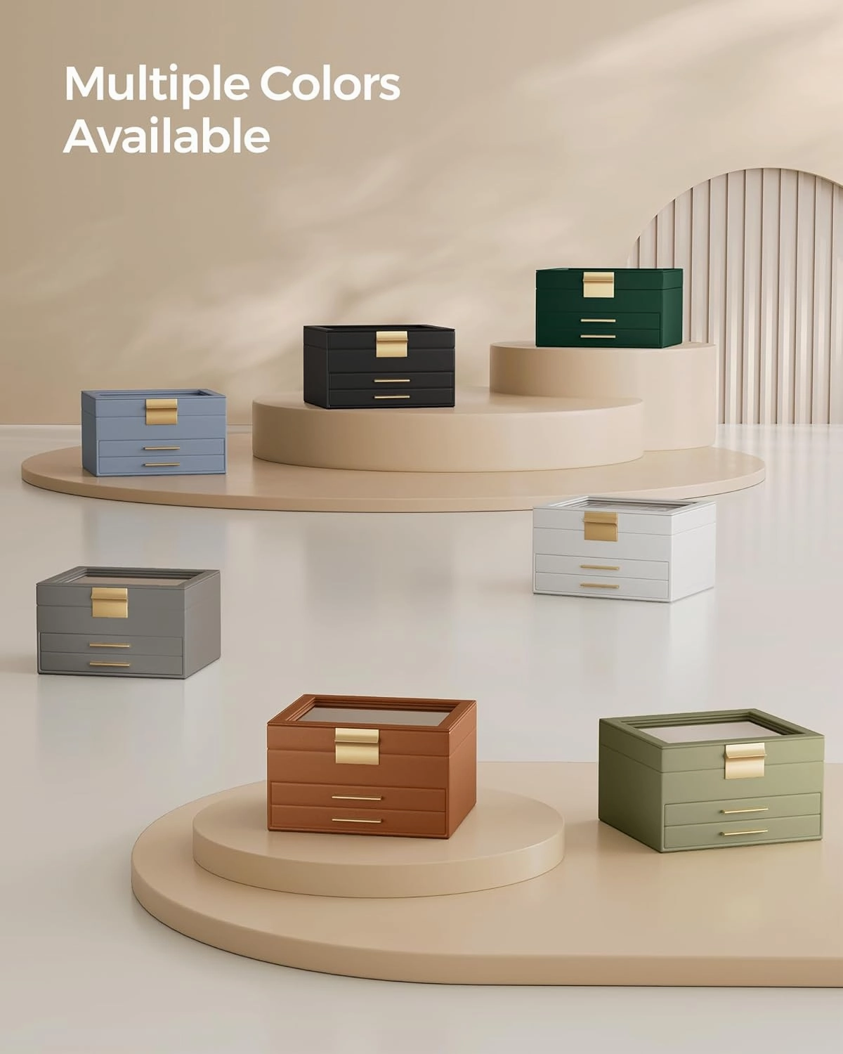 SONGMICS Jewelry Box Organizer with Glass Lid, 3-Layer Jewelry Storage, with 2 Drawers, Modern Style, 8 x 9.1 x 5.3 Inches, Cloud White and Gold Color UJBC239WT