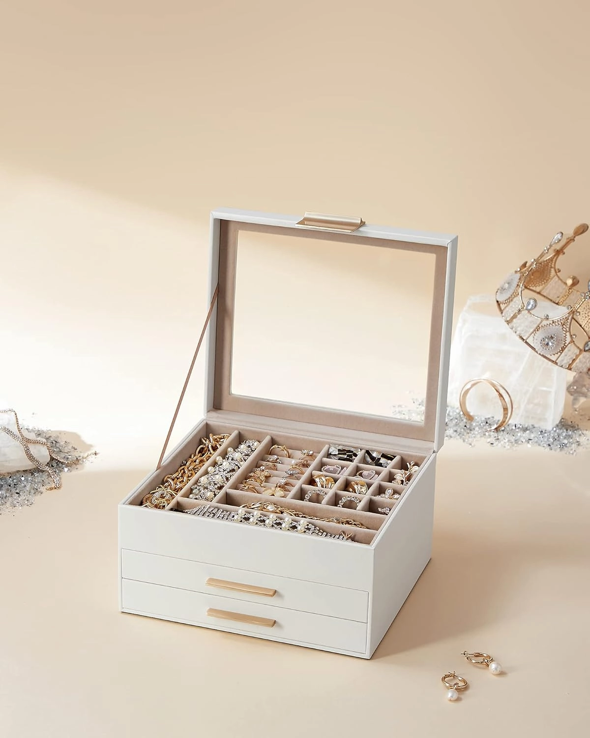 SONGMICS Jewelry Box Organizer with Glass Lid, 3-Layer Jewelry Storage, with 2 Drawers, Modern Style, 8 x 9.1 x 5.3 Inches, Cloud White and Gold Color UJBC239WT