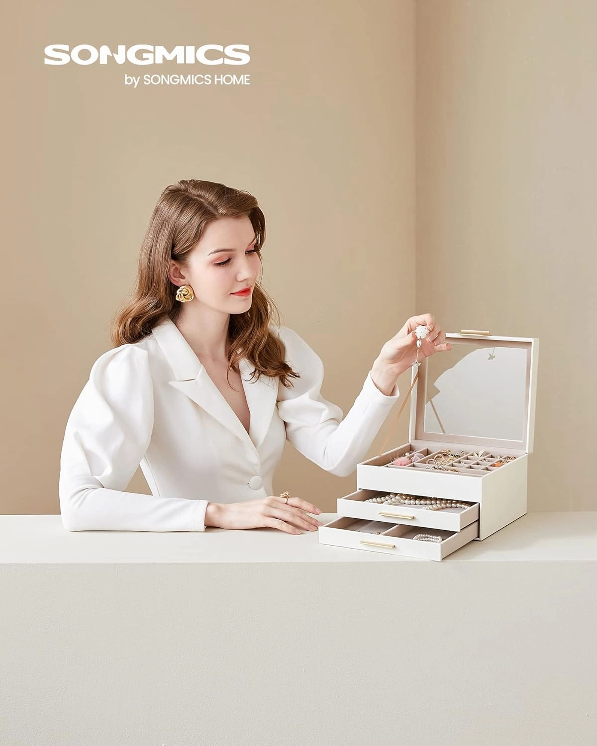 SONGMICS Jewelry Box Organizer with Glass Lid, 3-Layer Jewelry Storage, with 2 Drawers, Modern Style, 8 x 9.1 x 5.3 Inches, Cloud White and Gold Color UJBC239WT