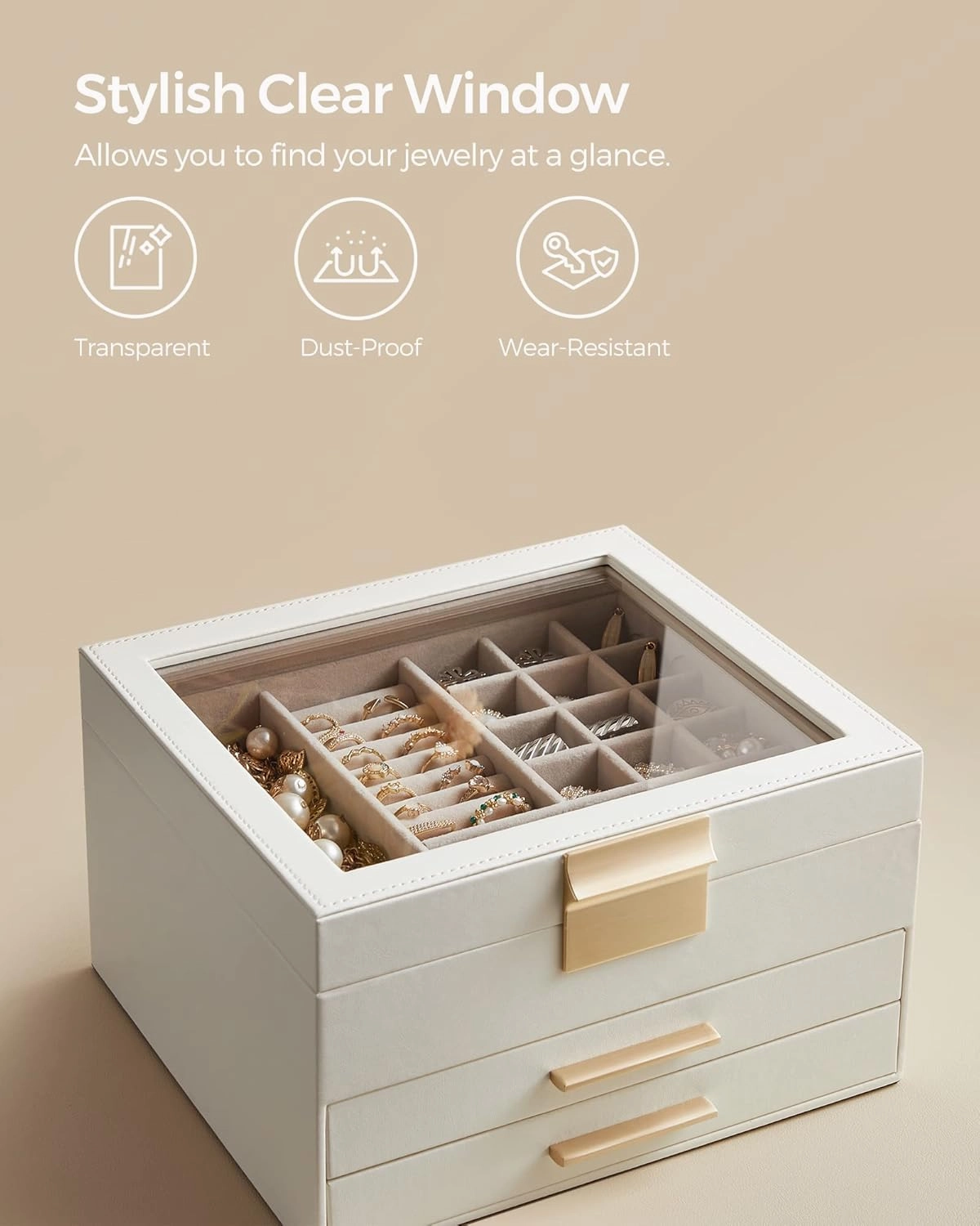 SONGMICS Jewelry Box Organizer with Glass Lid, 3-Layer Jewelry Storage, with 2 Drawers, Modern Style, 8 x 9.1 x 5.3 Inches, Cloud White and Gold Color UJBC239WT