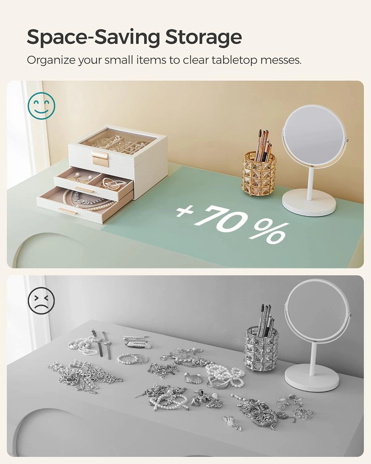 SONGMICS Jewelry Box Organizer with Glass Lid, 3-Layer Jewelry Storage, with 2 Drawers, Modern Style, 8 x 9.1 x 5.3 Inches, Cloud White and Gold Color UJBC239WT