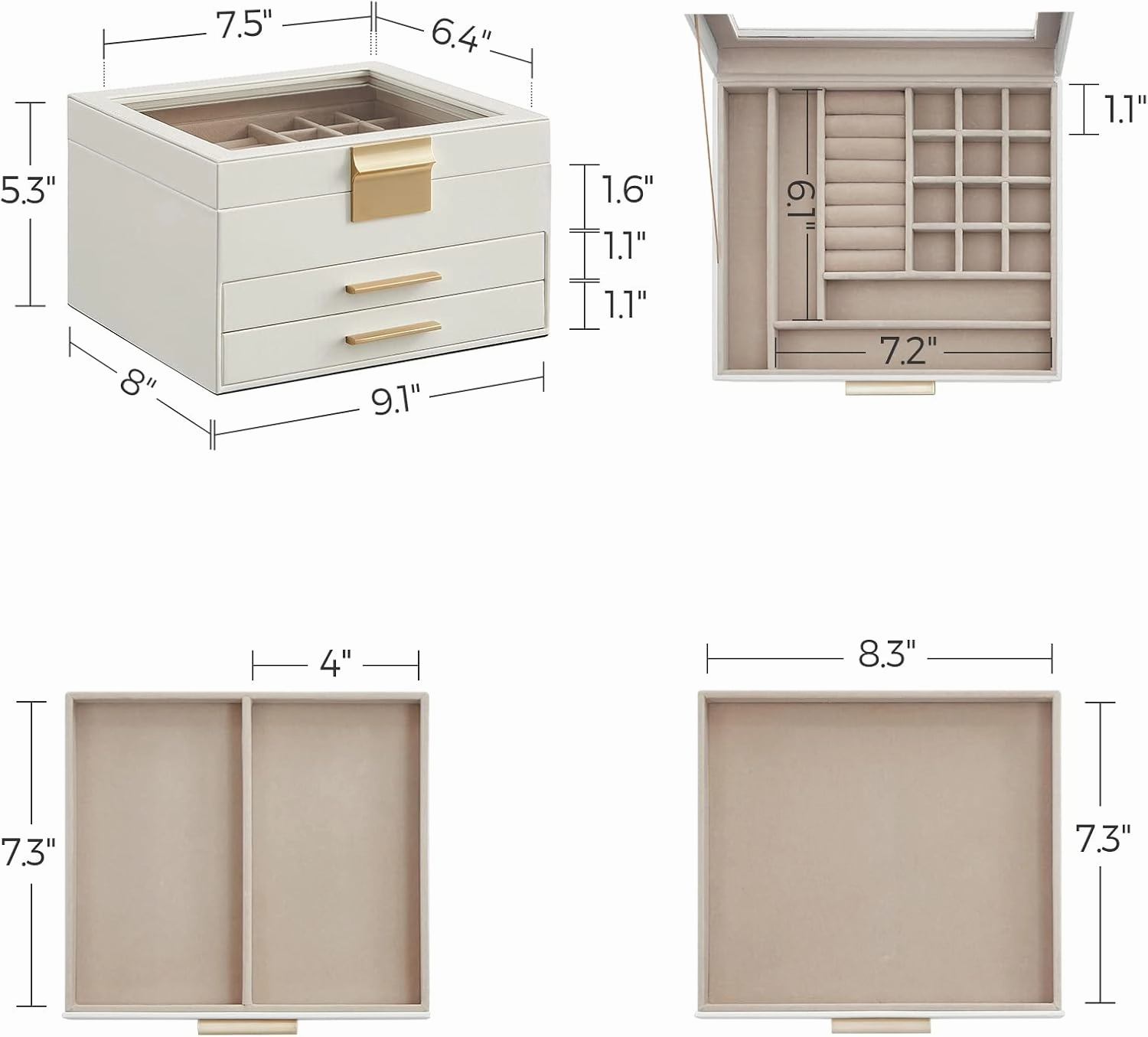 SONGMICS Jewelry Box Organizer with Glass Lid, 3-Layer Jewelry Storage, with 2 Drawers, Modern Style, 8 x 9.1 x 5.3 Inches, Cloud White and Gold Color UJBC239WT