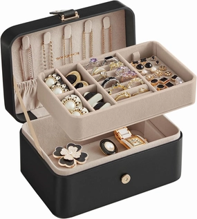 SONGMICS Jewelry Box, Travel Jewelry Case, 2-Layer Jewelry Holder Organizer, Portable Versatile Earring Storage, for Larger Accessories, Ink Black UJBC166B01