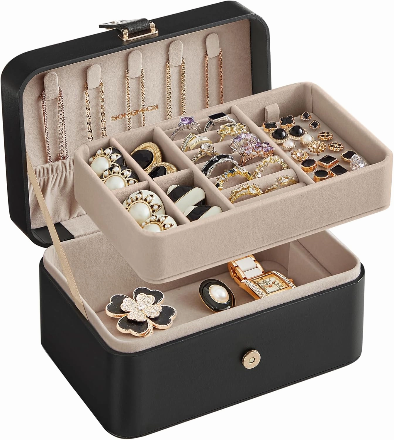 SONGMICS Jewelry Box, Travel Jewelry Case, 2-Layer Jewelry Holder Organizer, Portable Versatile Earring Storage, for Larger Accessories, Ink Black UJBC166B01