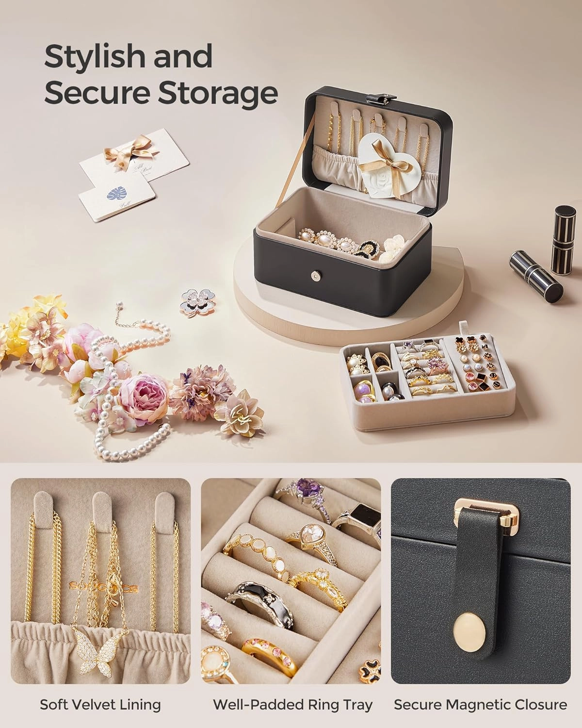 SONGMICS Jewelry Box, Travel Jewelry Case, 2-Layer Jewelry Holder Organizer, Portable Versatile Earring Storage, for Larger Accessories, Ink Black UJBC166B01