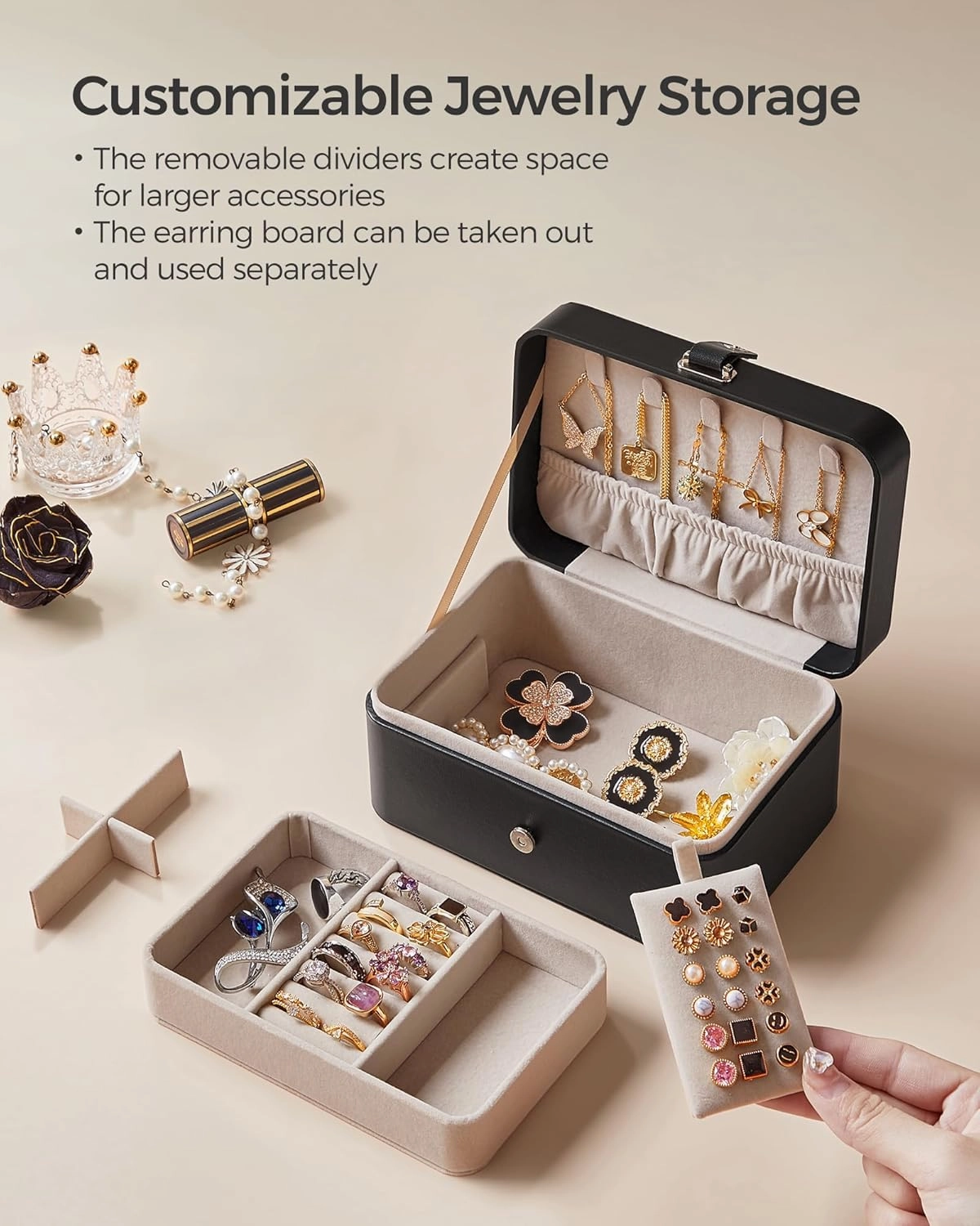 SONGMICS Jewelry Box, Travel Jewelry Case, 2-Layer Jewelry Holder Organizer, Portable Versatile Earring Storage, for Larger Accessories, Ink Black UJBC166B01