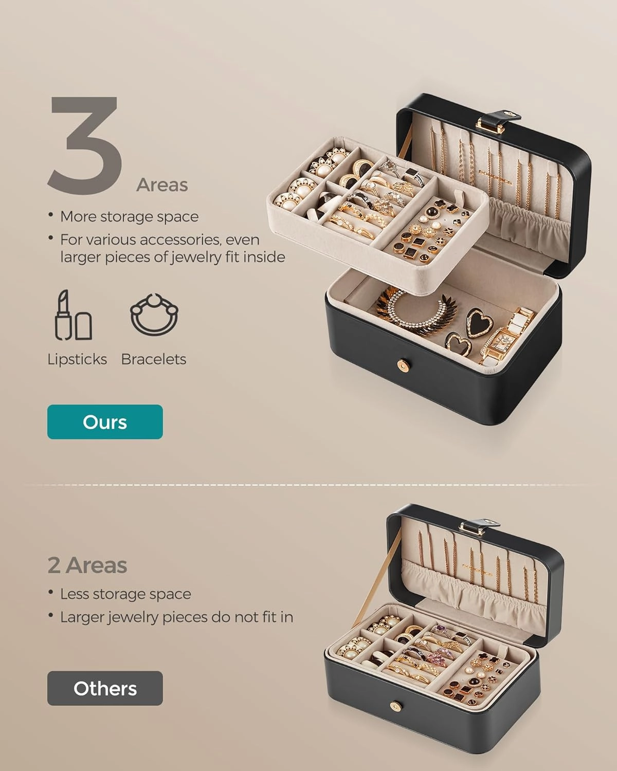 SONGMICS Jewelry Box, Travel Jewelry Case, 2-Layer Jewelry Holder Organizer, Portable Versatile Earring Storage, for Larger Accessories, Ink Black UJBC166B01