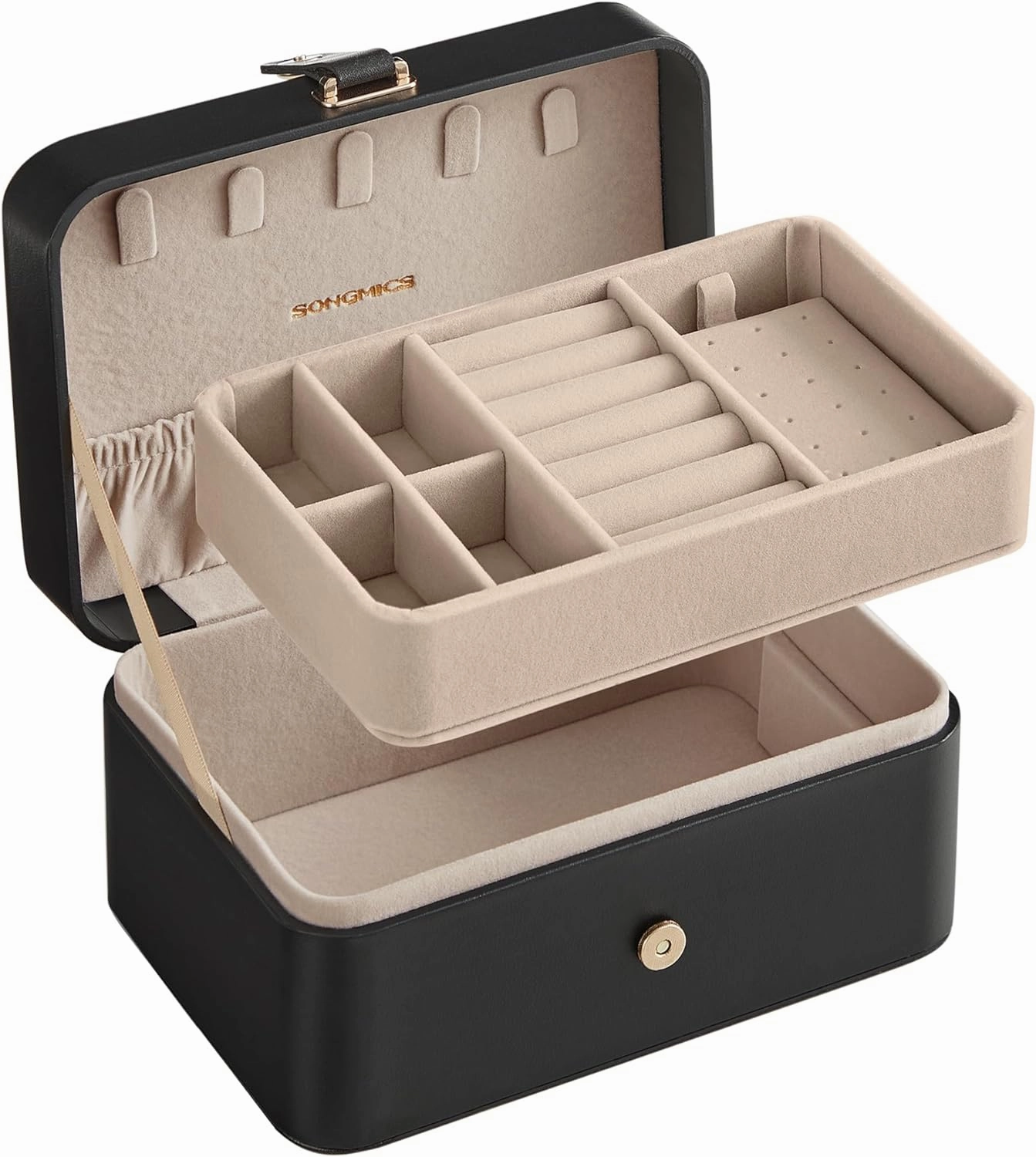 SONGMICS Jewelry Box, Travel Jewelry Case, 2-Layer Jewelry Holder Organizer, Portable Versatile Earring Storage, for Larger Accessories, Ink Black UJBC166B01