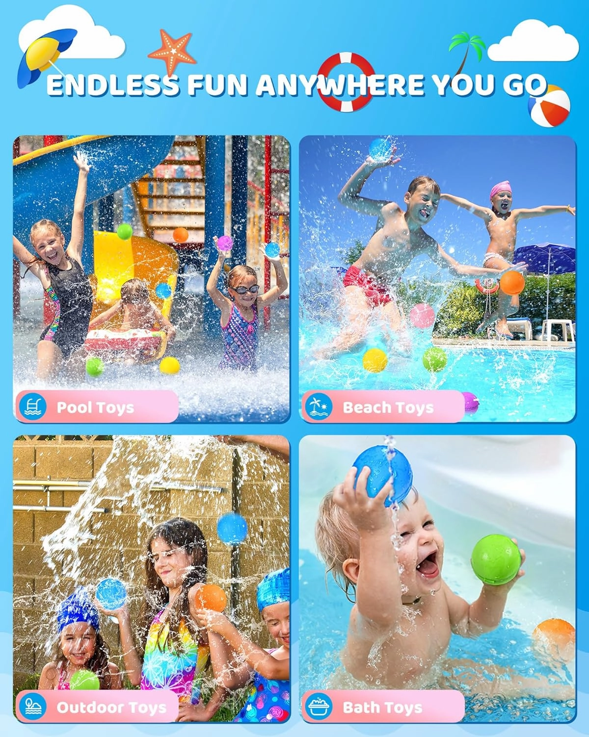 SOPPYCID 10PCS Reusable Water Balloons Quick Fill for Kids, Refillable Magnetic Water Balloons for Pool & Beach, Water Ball Toys for Summer Outdoor Games, Outside Activities