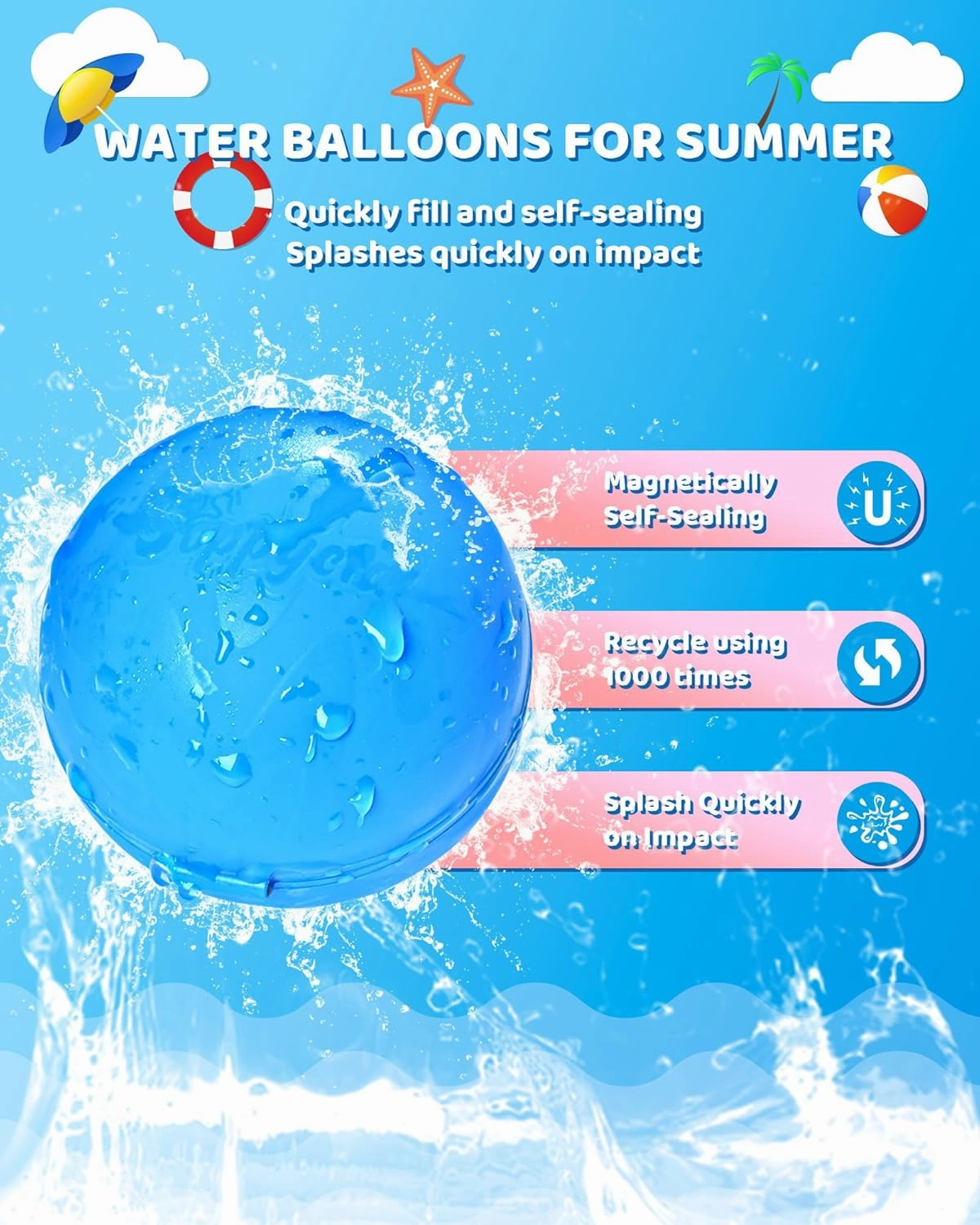 SOPPYCID 10PCS Reusable Water Balloons Quick Fill for Kids, Refillable Magnetic Water Balloons for Pool & Beach, Water Ball Toys for Summer Outdoor Games, Outside Activities