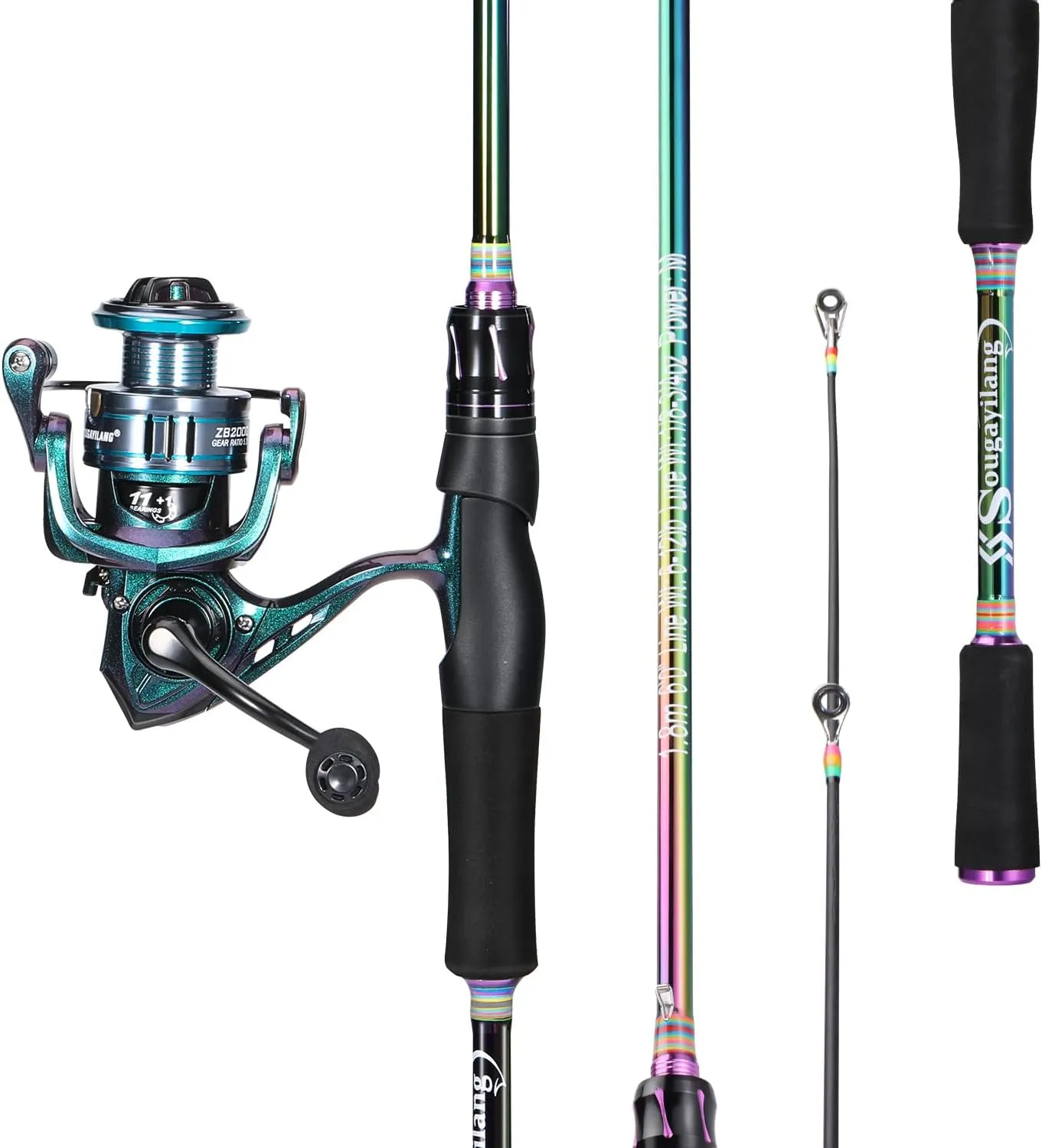 Sougayilang Spinning Fishing Reel Rod Combo, Two Pieces Colorful Poratble Light Weight Fishing Rod with Powerful Fishing Gear for Freshwater Saltwater