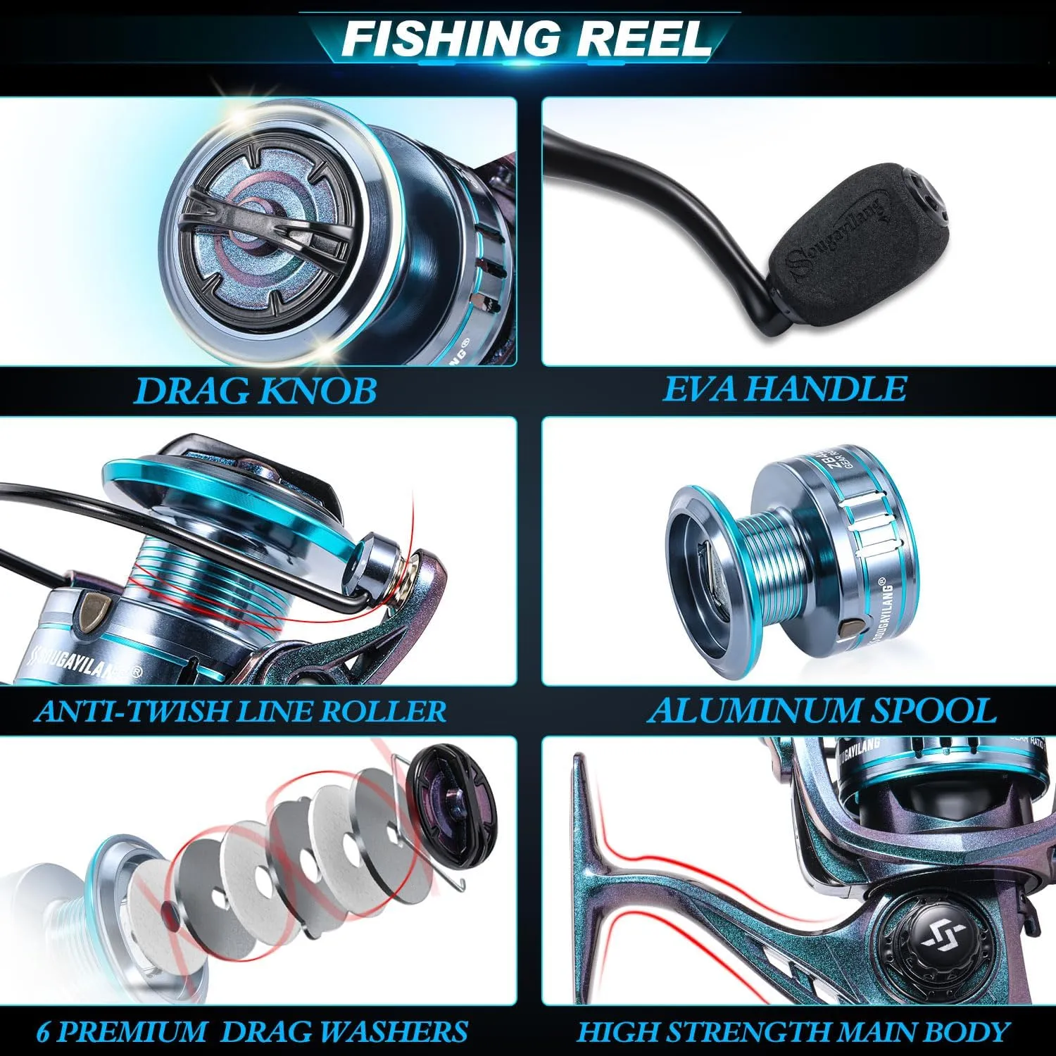 Sougayilang Spinning Fishing Reel Rod Combo, Two Pieces Colorful Poratble Light Weight Fishing Rod with Powerful Fishing Gear for Freshwater Saltwater