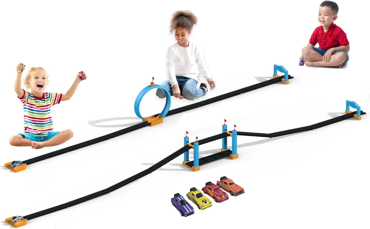 Spin 'n Rip Racers | Loop and Bridge Jump Mega Set | Fun Race Track for Toy Cars | Perform Cool Stunts and Race Head to Head | 6 Toy Cars Included