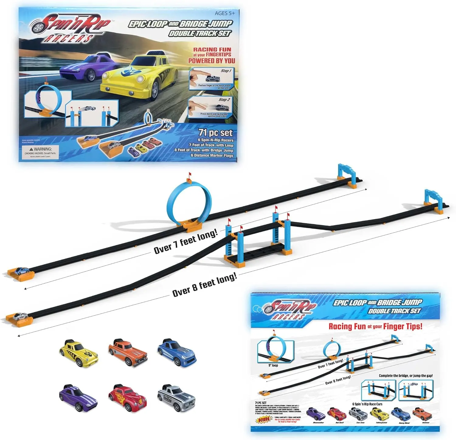 Spin 'n Rip Racers | Loop and Bridge Jump Mega Set | Fun Race Track for Toy Cars | Perform Cool Stunts and Race Head to Head | 6 Toy Cars Included