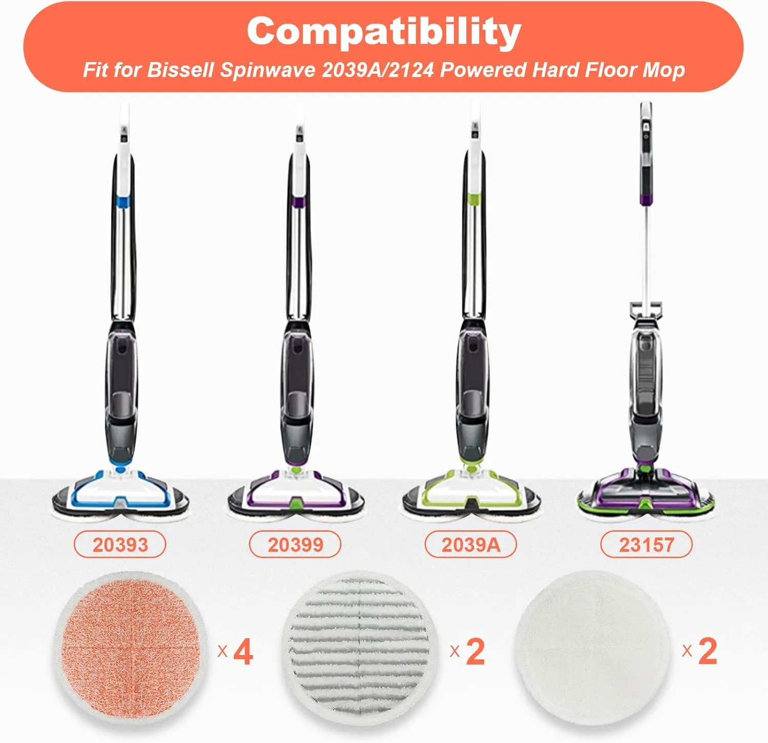Spinwave Mop Pads Replacement Set Compatible with Bissell Spinwave 2039A 2124: 4 Heavy Scrub Pads, 2 Soft Pads, 2 Scrubby Pads by BeiLan (8Pack)