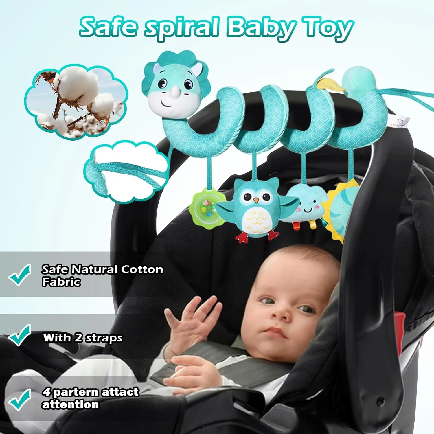 Spiral Car Seat Toys Stroller Toy for Babies - Baby Crib Hanging Rattles Toys for Babies 0-12 Months, Carseat Pram Crib with Musical Rattle Toy for Newborn Boys Girls Gifts（Dinosaur）