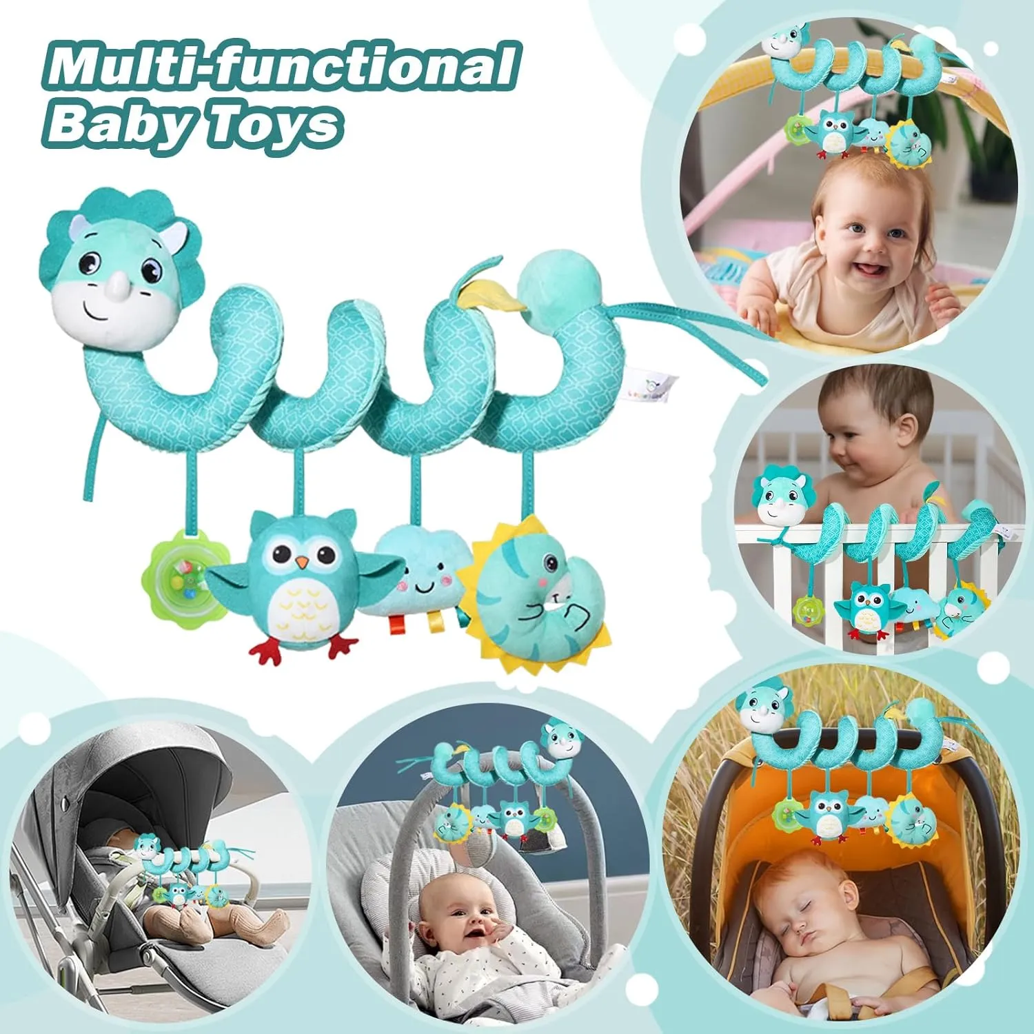 Spiral Car Seat Toys Stroller Toy for Babies - Baby Crib Hanging Rattles Toys for Babies 0-12 Months, Carseat Pram Crib with Musical Rattle Toy for Newborn Boys Girls Gifts（Dinosaur）