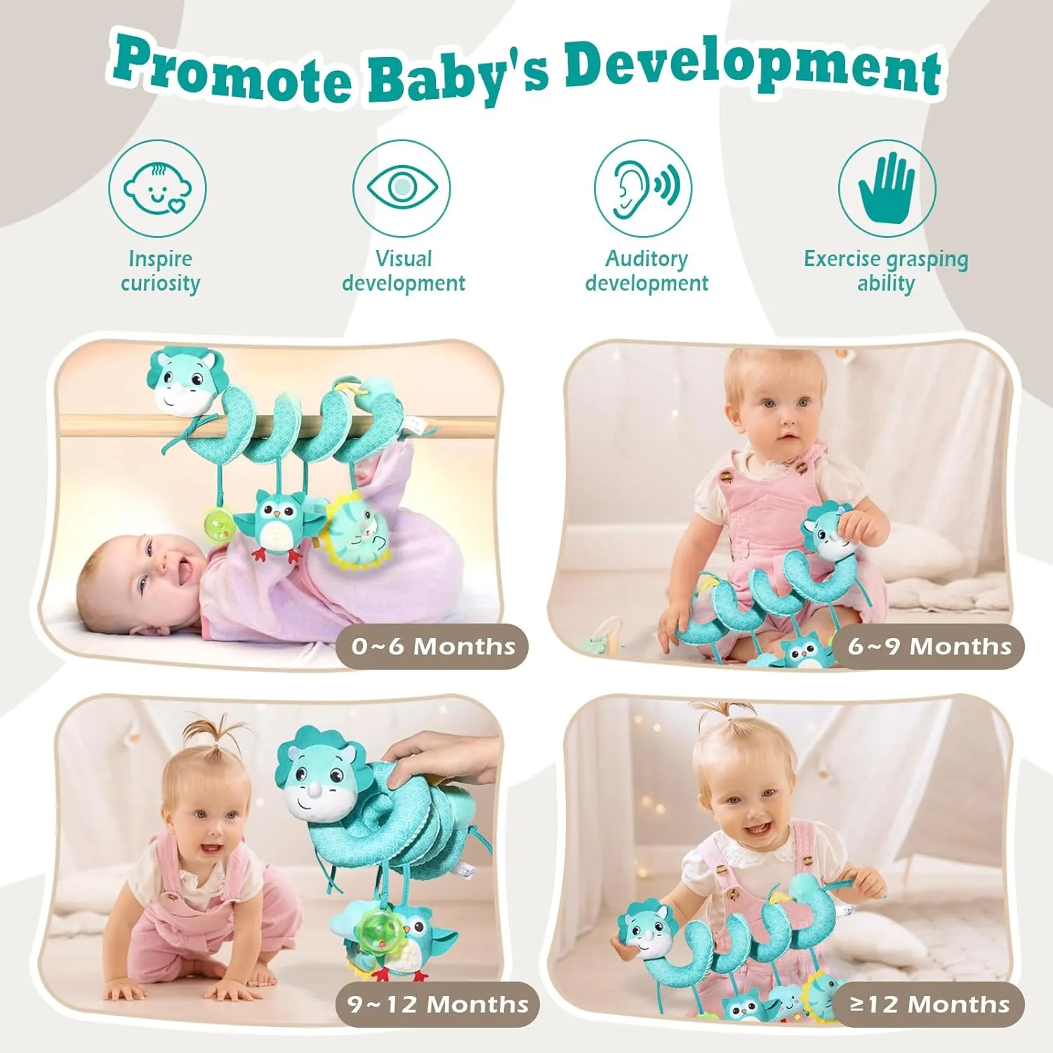 Spiral Car Seat Toys Stroller Toy for Babies - Baby Crib Hanging Rattles Toys for Babies 0-12 Months, Carseat Pram Crib with Musical Rattle Toy for Newborn Boys Girls Gifts（Dinosaur）