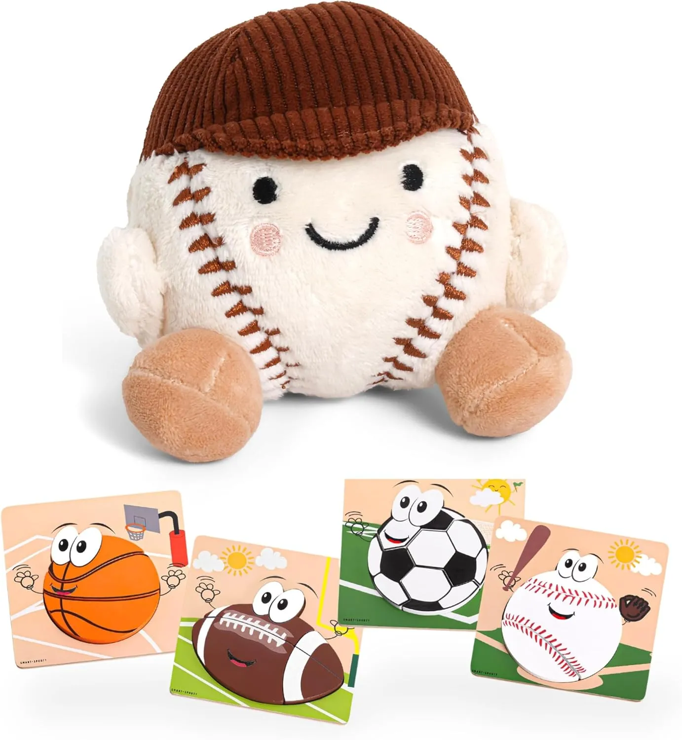 Sports Toy Bundle | Baseball Stuffed Animal with Wooden Sports Puzzles | Kids Sports Toys Set with Basketball, Football, Baseball, Soccer Puzzle & Soft Baby Baseball Plush Toy