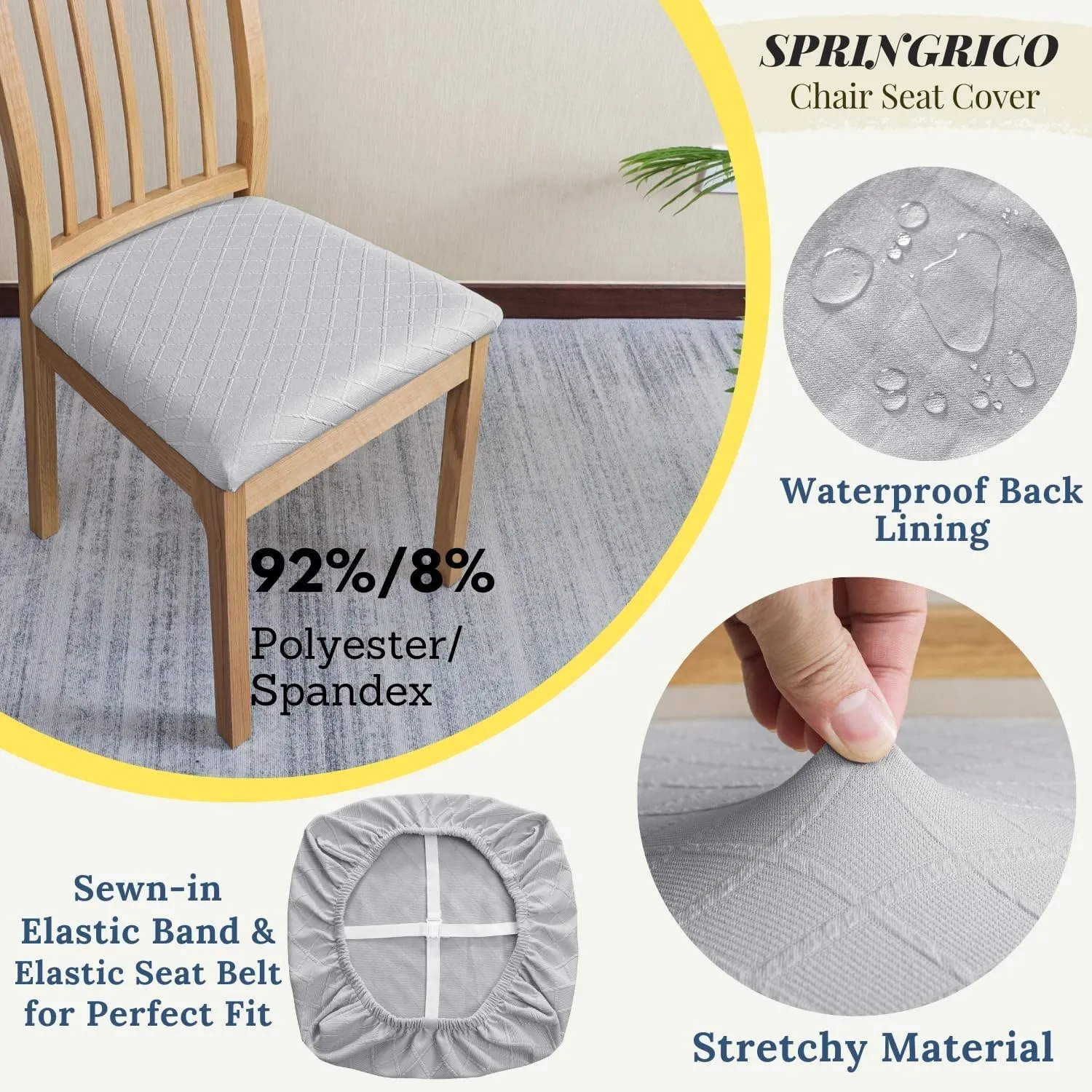 SPRINGRICO 100% Waterproof Seat Covers for Dining Room Chair Set of 4 Washable Seat Cushion Slipcovers Kitchen Chair Covers (4 Pack, Waterproof Gray)