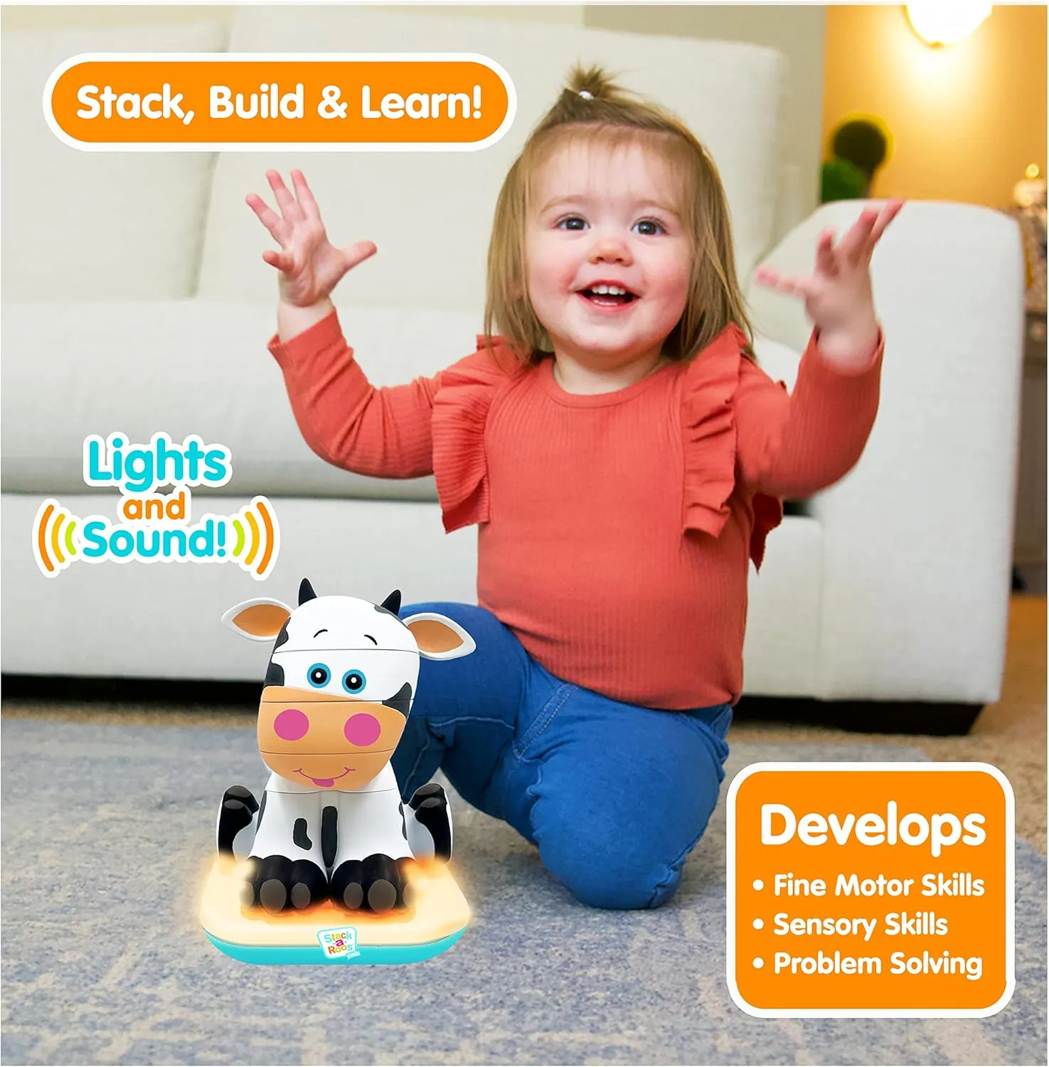Stack-a-Roos Baby Cow by Salus Brands - Animal Stacking Toy, Educational Early Learning Toy for Infants Babies Toddlers, Age 12  Months - Great Baby Gifts