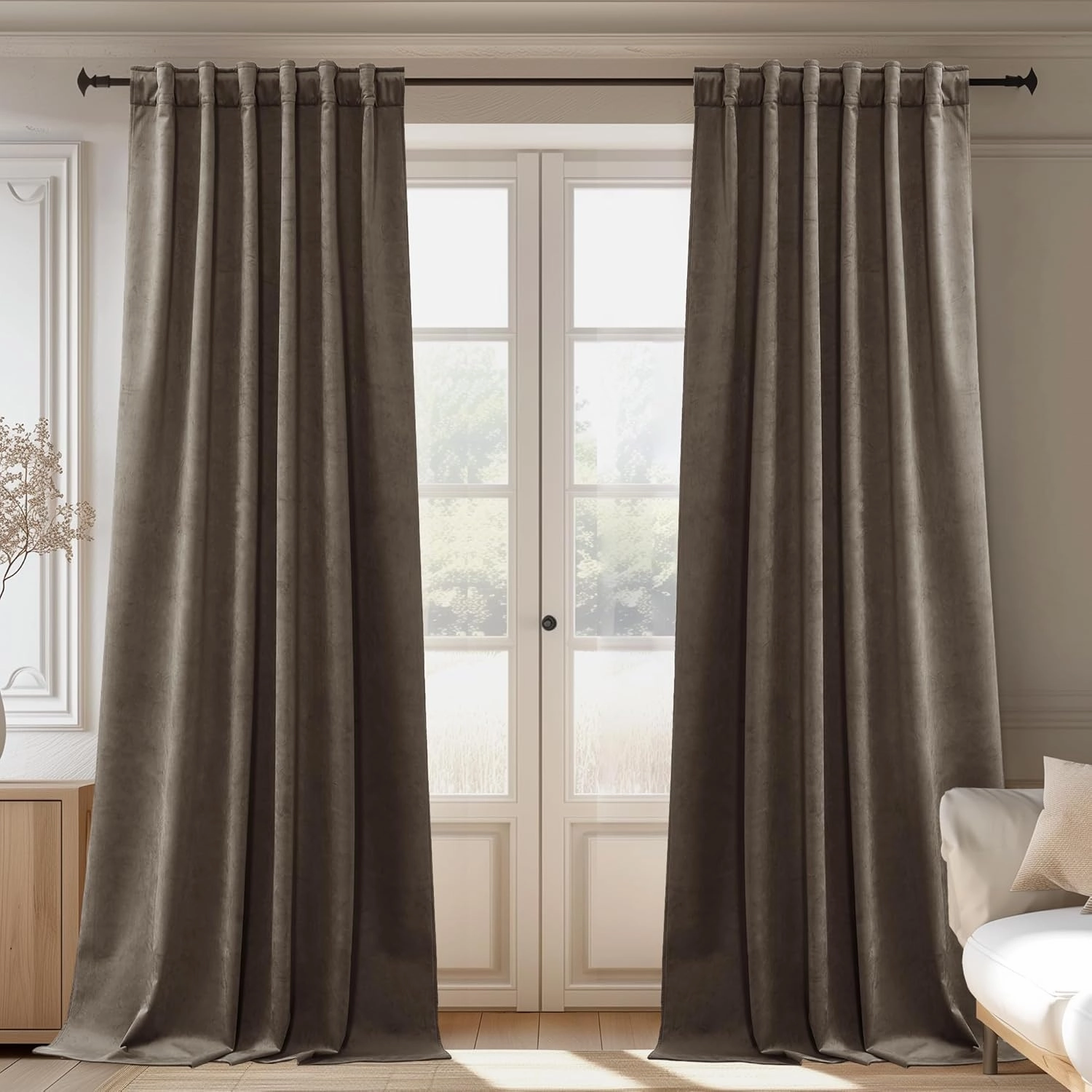 StangH Taupe Velvet Curtains 96 inches Long Total Blackout Liner Heavy Thick Panels Hook Belt Back Tab Thermal Insulated Drapes for Living Room Sliding Door, W52 x L96, 2 Panels