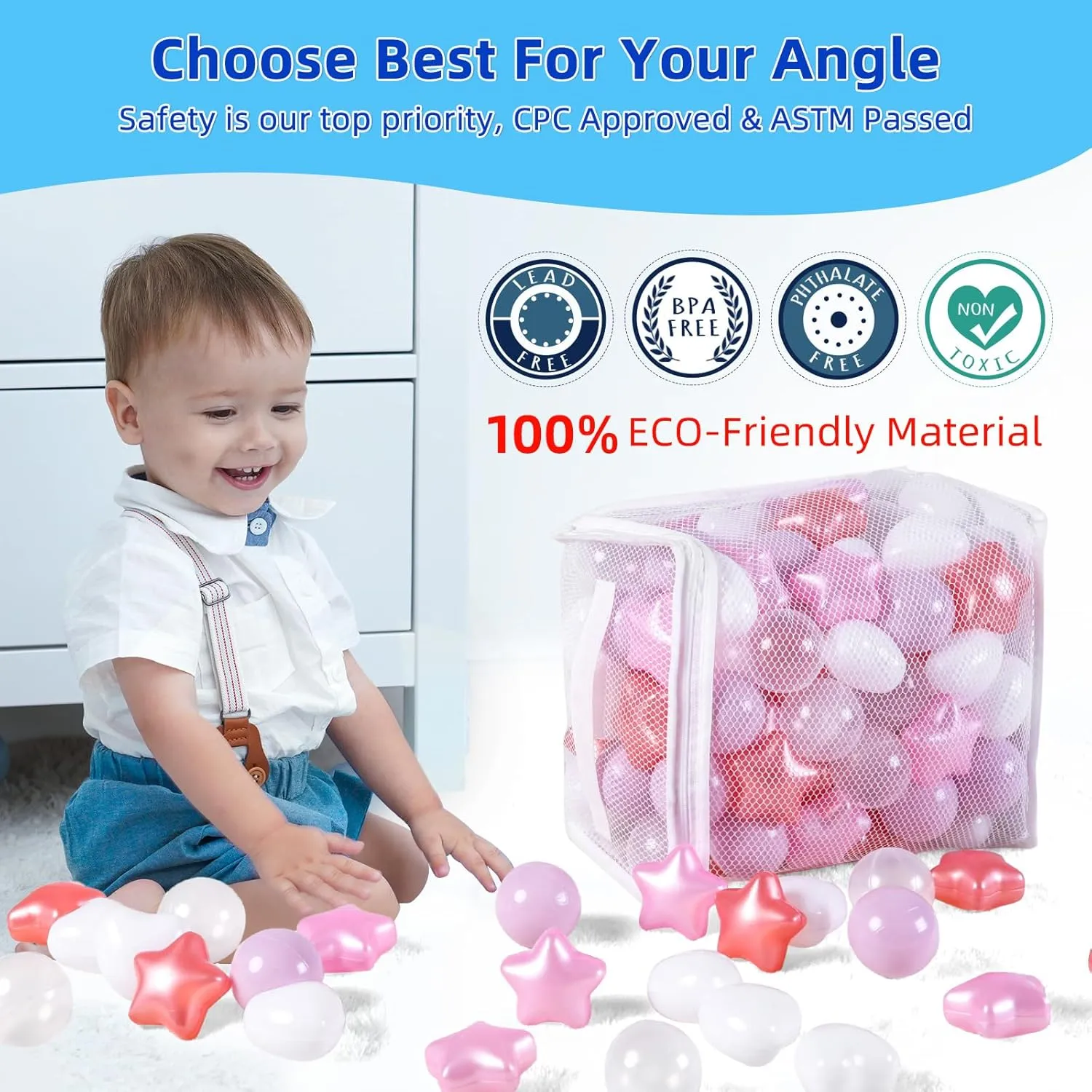 Star Ball Pit Balls for Toddlers- 100 Pcs Crush Proof Plastic Toy Balls for Toddler Ball Pool, Ballpit Play Tent, Baby Pool Water Toys, Christmas Party Decoration, Photo Props