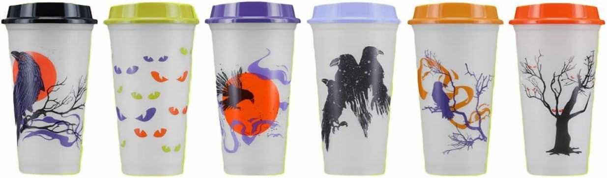 Starbucks Fall 2022 Reusable Plastic Hot Cups with Lids Glow in the Dark Halloween 6 cups 16 oz each