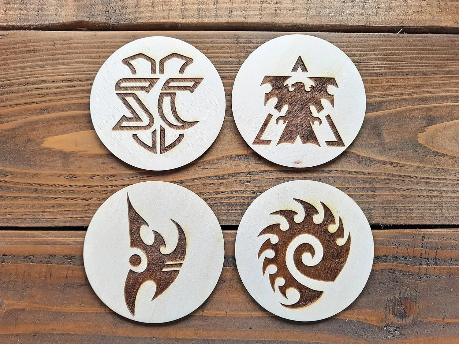 Starcraft 2 Coasters Set of 4 Terran Protoss Zerg SC2 Symbol Stream Game Fan Gaming Nerd Geek Gift Idea Drink Coaster (4 Coasters Engraved Bag)