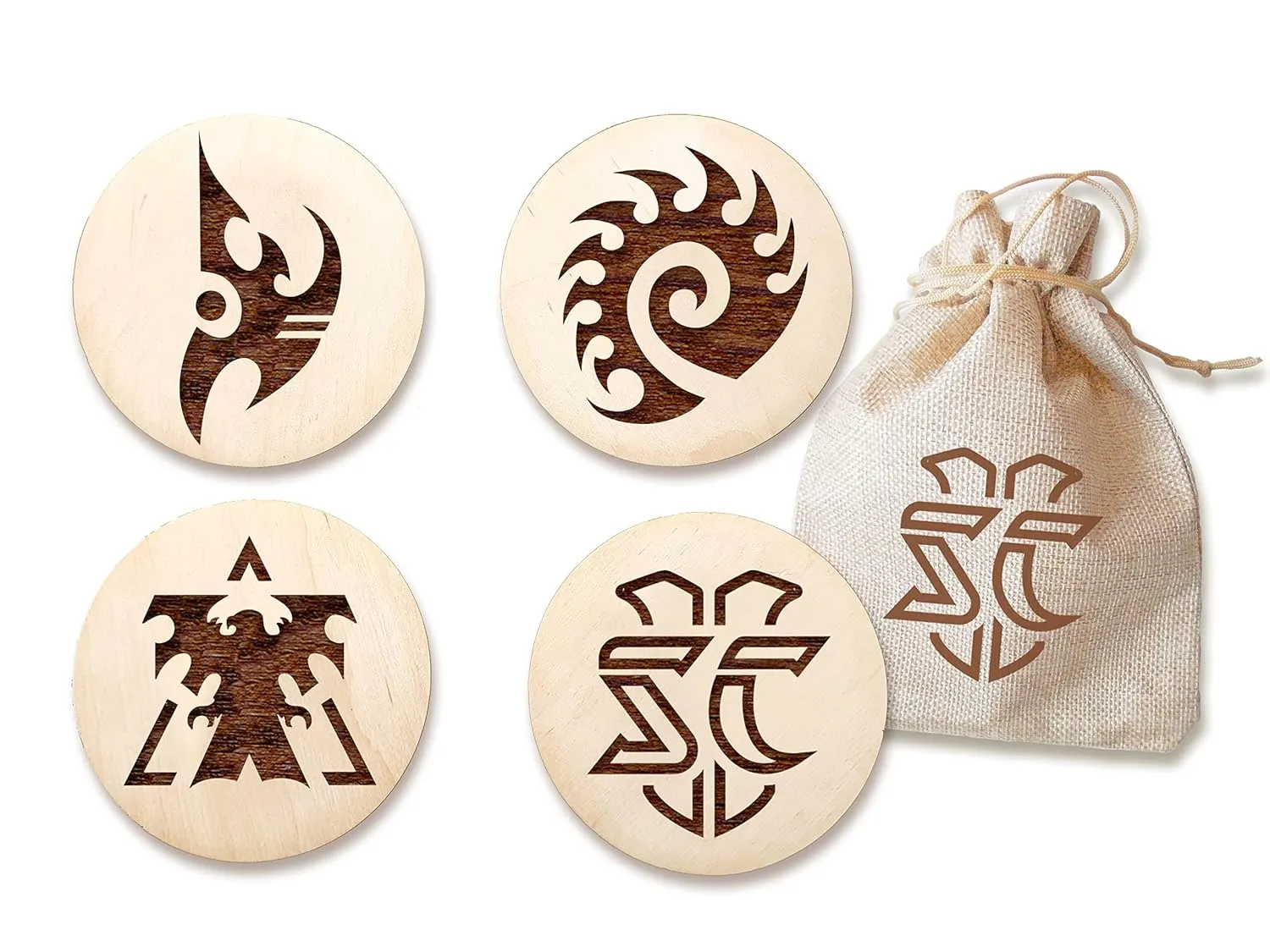 Starcraft 2 Coasters Set of 4 Terran Protoss Zerg SC2 Symbol Stream Game Fan Gaming Nerd Geek Gift Idea Drink Coaster (4 Coasters Engraved Bag)