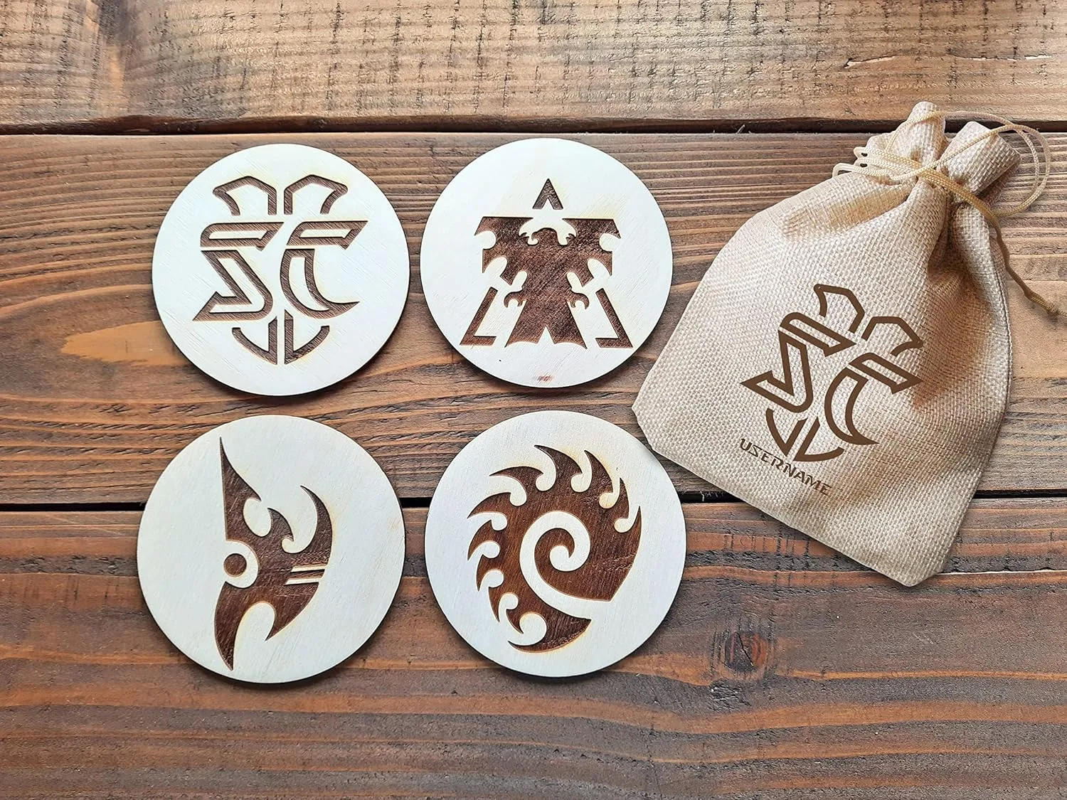 Starcraft 2 Coasters Set of 4 Terran Protoss Zerg SC2 Symbol Stream Game Fan Gaming Nerd Geek Gift Idea Drink Coaster (4 Coasters Engraved Bag)