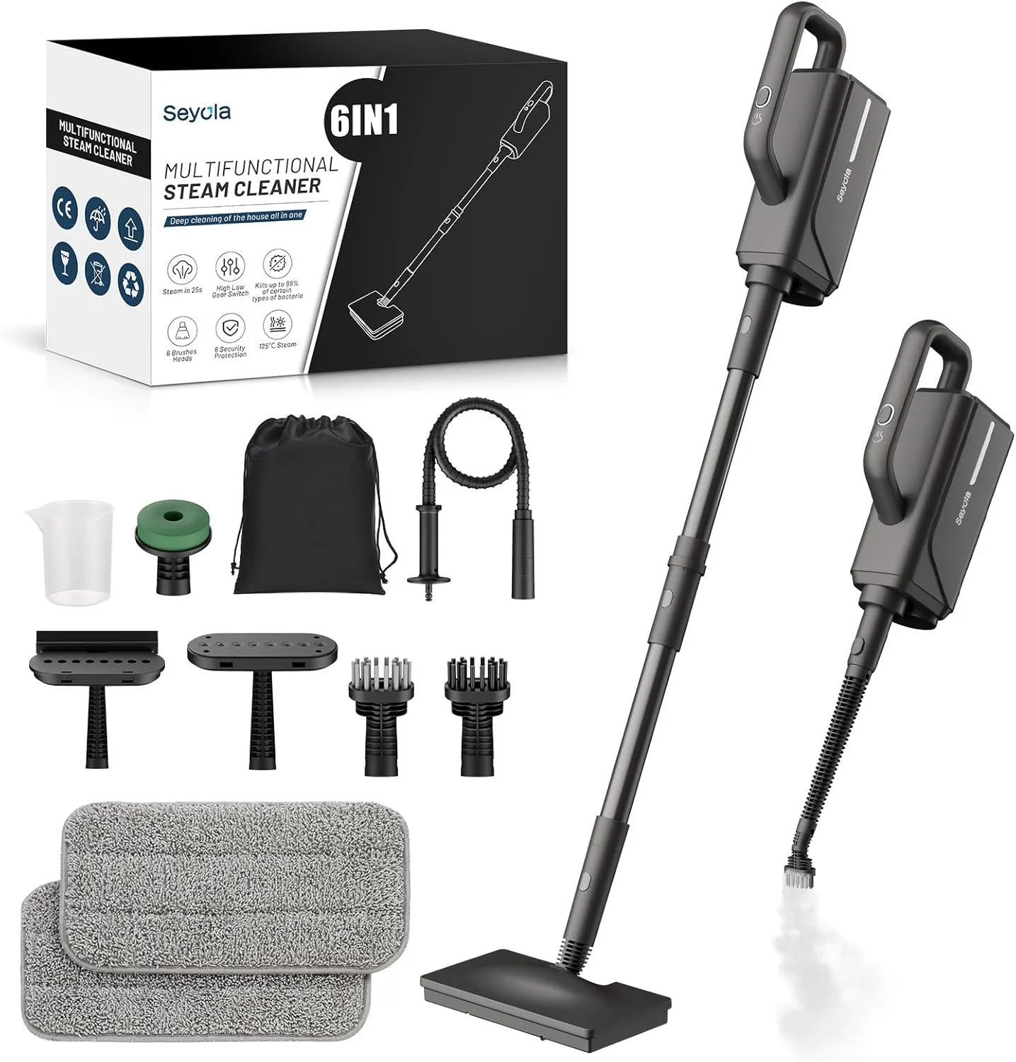 Steam Mop for Floor Cleaning, Steam Cleaner for Home with Handheld 6-in-1 Multi-function Attachments for Hardwood Floors, Clothes, Windows, Tiles Grout, Furniture, Carpet Cleaning(Black)