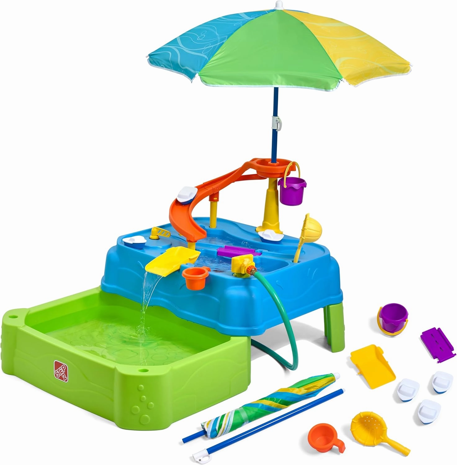 Step2 Waterpark Wonders Two-Tier Water Table, Kids Water Activity Sensory Playset, Comes with Umbrella, Summer Outdoor Toys, 11 Piece Water Toy Accessories, for Toddlers 1.5  Years Old