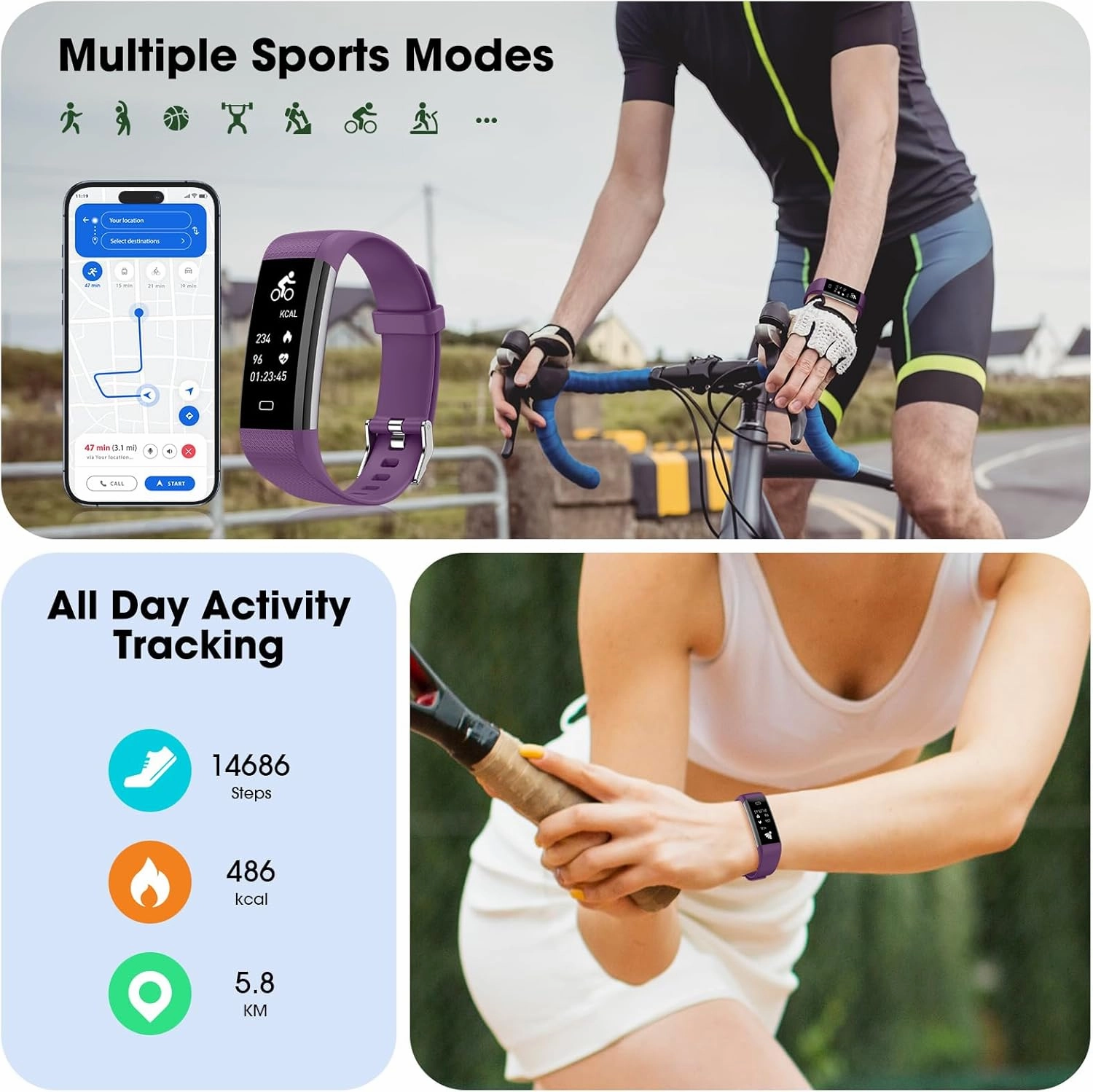 Stiive Fitness Tracker with Heart Rate Sleep Monitor, Daily IP68 Waterproof Activity Tracker with Pedometer Watch, Health Tracker Calories & Step Counter, Fitness Watch (Purple)