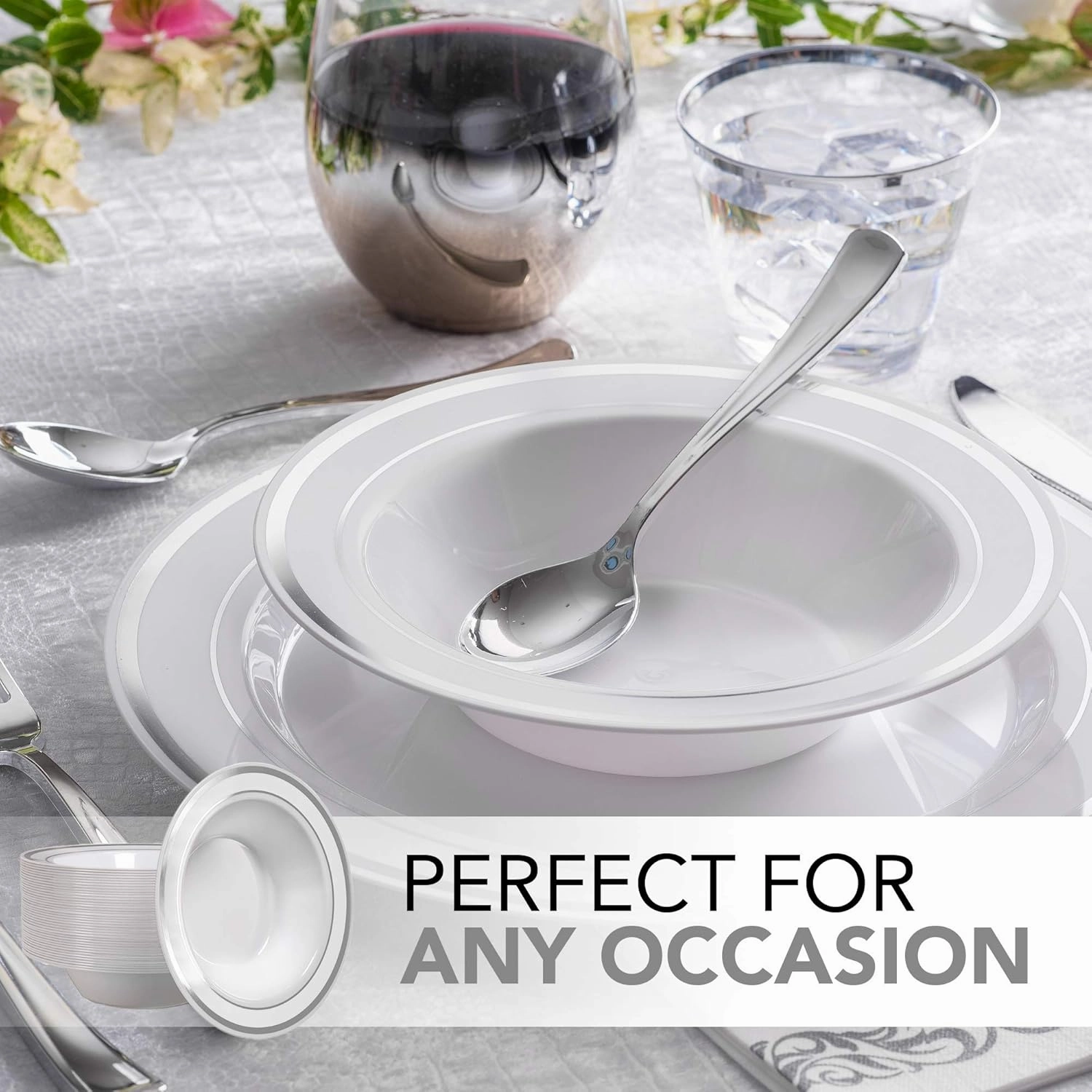 Stock Your Home Plastic Party Bowls (100 Pack) 12 Oz Elegant Disposable Dinnerware – Fancy Shatterproof Tableware for Catering, Holidays, Party Supplies, Weddings & Everyday Use (Silver)