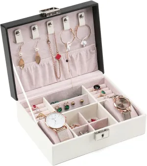 Storage Box Jewelry Organizer PU Leather Jewelry Box Organizer with 2 Watch Case Removable Tray Jewelry Display Storage Case - Velvet Lining - Earring Ring Bracelet Case Jewelry Box, White
