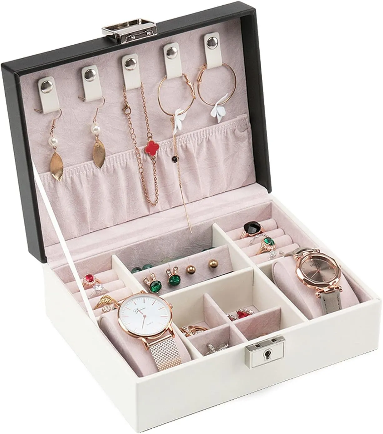 Storage Box Jewelry Organizer PU Leather Jewelry Box Organizer with 2 Watch Case Removable Tray Jewelry Display Storage Case - Velvet Lining - Earring Ring Bracelet Case Jewelry Box, White