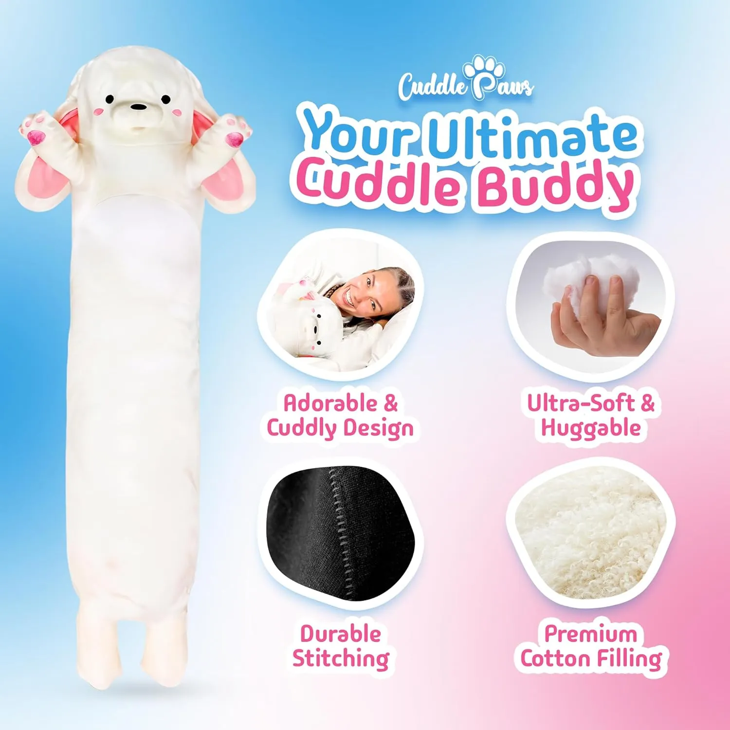Stuffed Animal Big Bunny Body Pillow – Soft Plush Toy & Throw Pillow for Kids, Large (47 Inches), Soft Plushies Stuff Gift for Boys and Girls