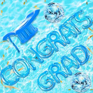 Sumind 15 Pcs Congrats Grad 2025 Pool Float 20" Inflatable Letter Pool Float Glitter Grad Party Decor Graduation Decoration Set with Graduation Beach Ball Hat for Beach(Blue)