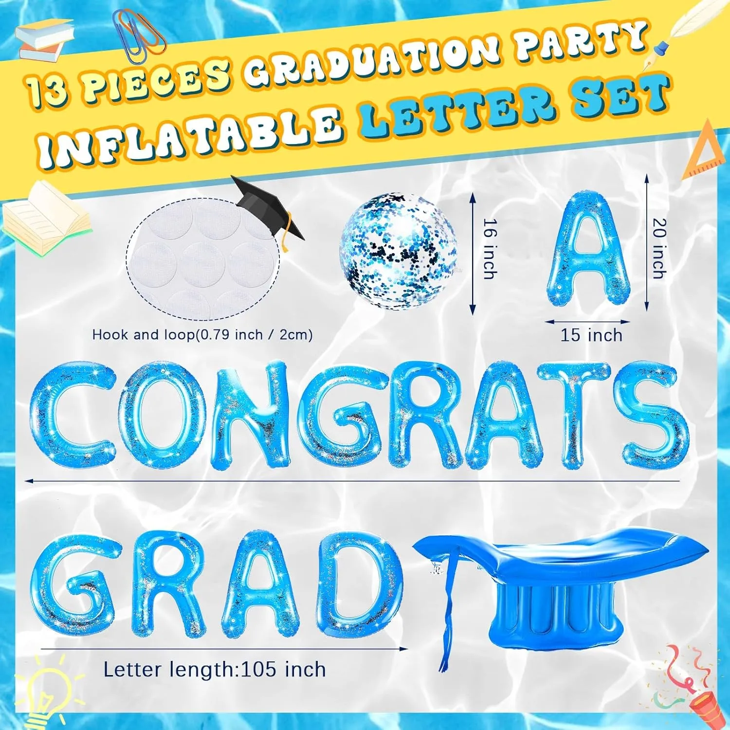 Sumind 15 Pcs Congrats Grad 2025 Pool Float 20" Inflatable Letter Pool Float Glitter Grad Party Decor Graduation Decoration Set with Graduation Beach Ball Hat for Beach(Blue)