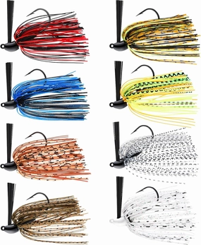 Sumind 8 Pcs Bass Fishing Jigs Bass Weedless Football Jig Metal Football Head Kit Swim Silicone Skirts Weed Guard Flipping Lures, Colorful, 10 G/ 3/8 oz
