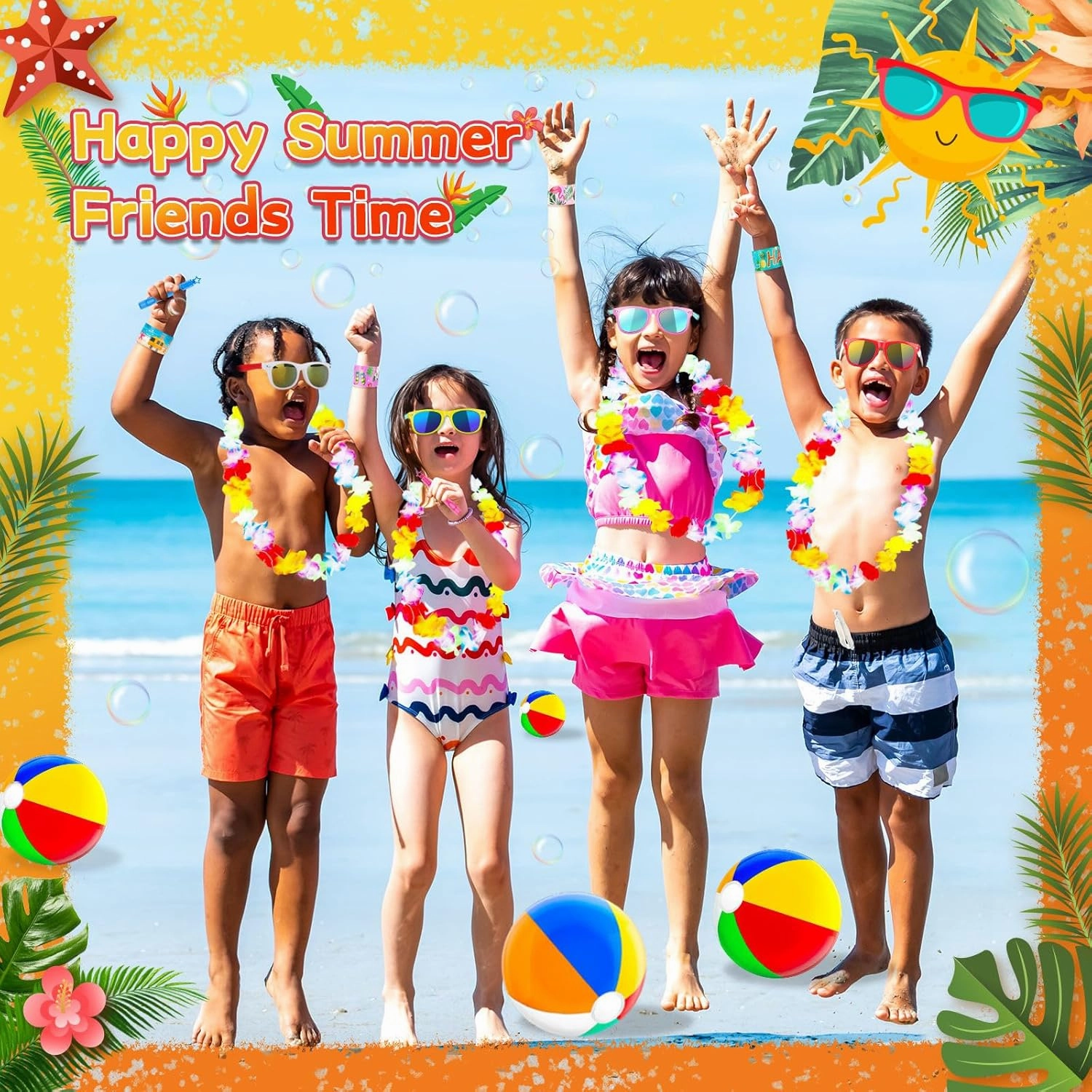 Summer Pool Beach Party Favors,60PCS Kids Toys for Birthday Party Supplies,Pool Beach Toys for Kids,Hawaiian Leis for Luau Party Decorations,Beach Ball,Kids Sunglasses,Bubble Wands