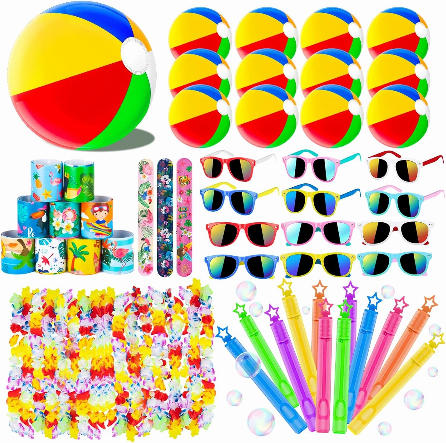Summer Pool Beach Party Favors,60PCS Kids Toys for Birthday Party Supplies,Pool Beach Toys for Kids,Hawaiian Leis for Luau Party Decorations,Beach Ball,Kids Sunglasses,Bubble Wands